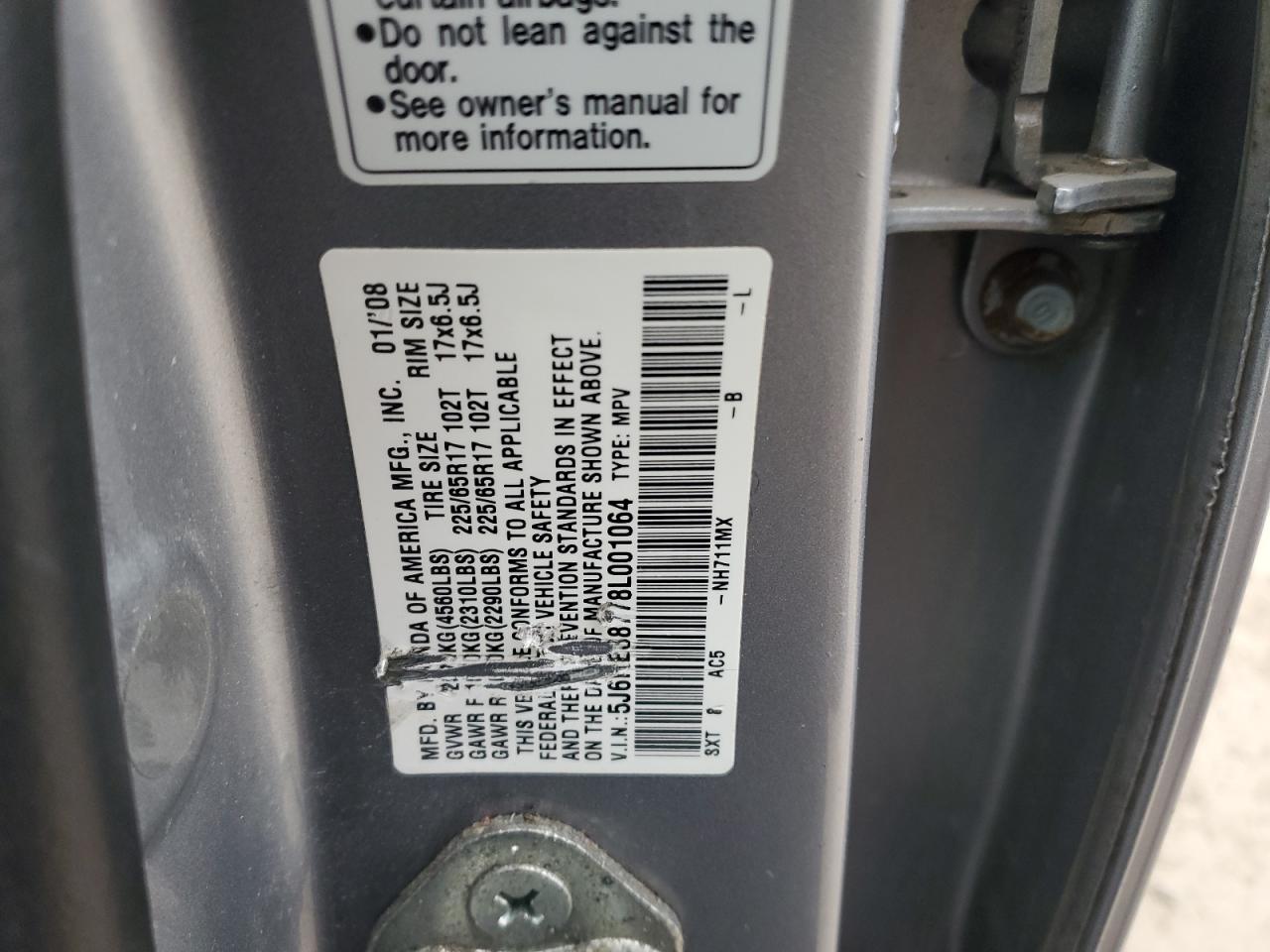 2008 Honda Cr-V Exl VIN: 5J6RE38778L001064 Lot: 83352854