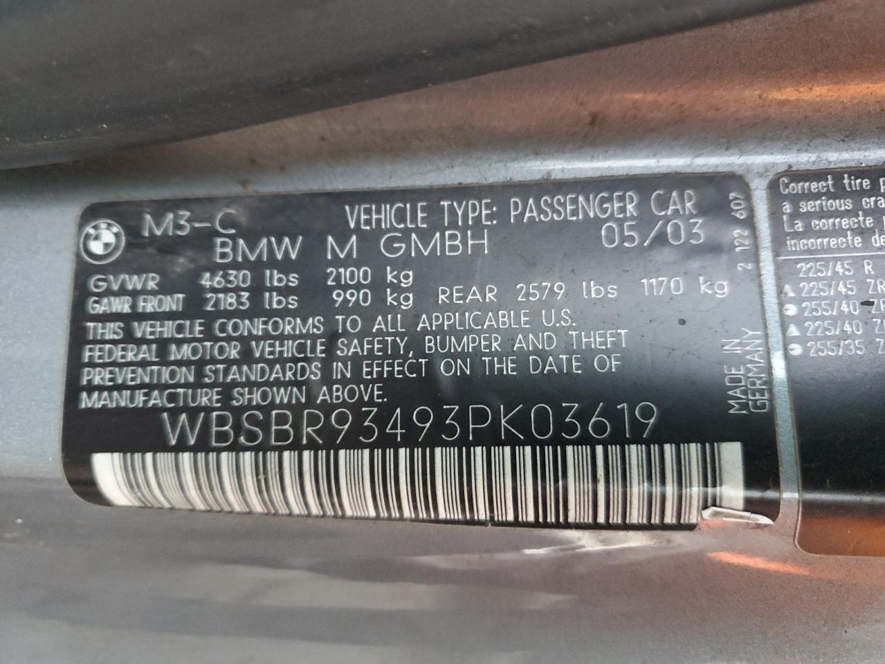 2003 BMW M3 VIN: WBSBR93493PK03619 Lot: 83485744