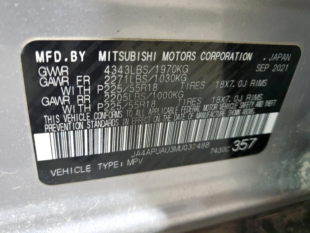 VIN JA4APUAU3MU032488 2021 MITSUBISHI OUTLANDER no.13