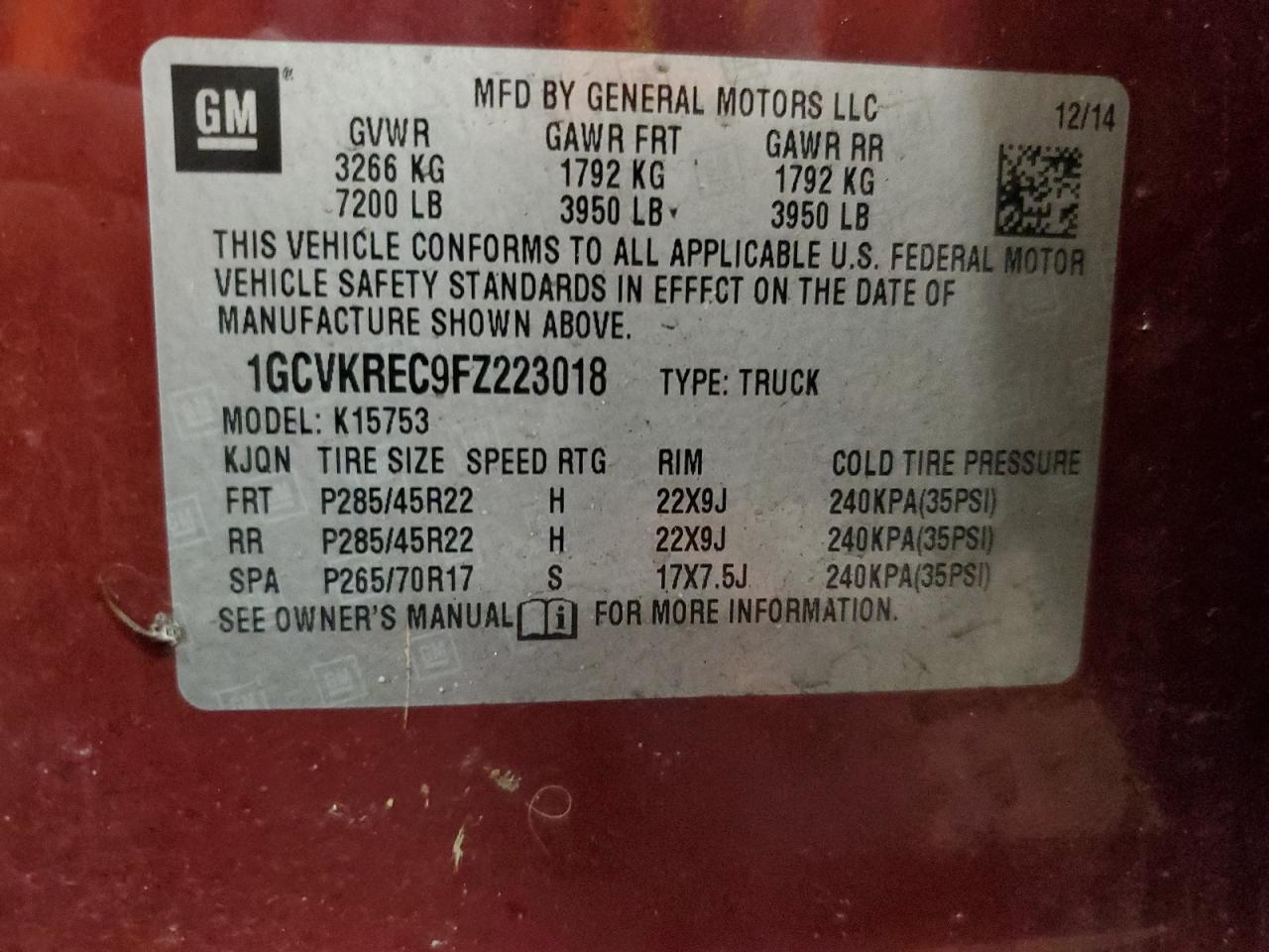 VIN 1GCVKREC9FZ223018 2015 CHEVROLET ALL Models no.13