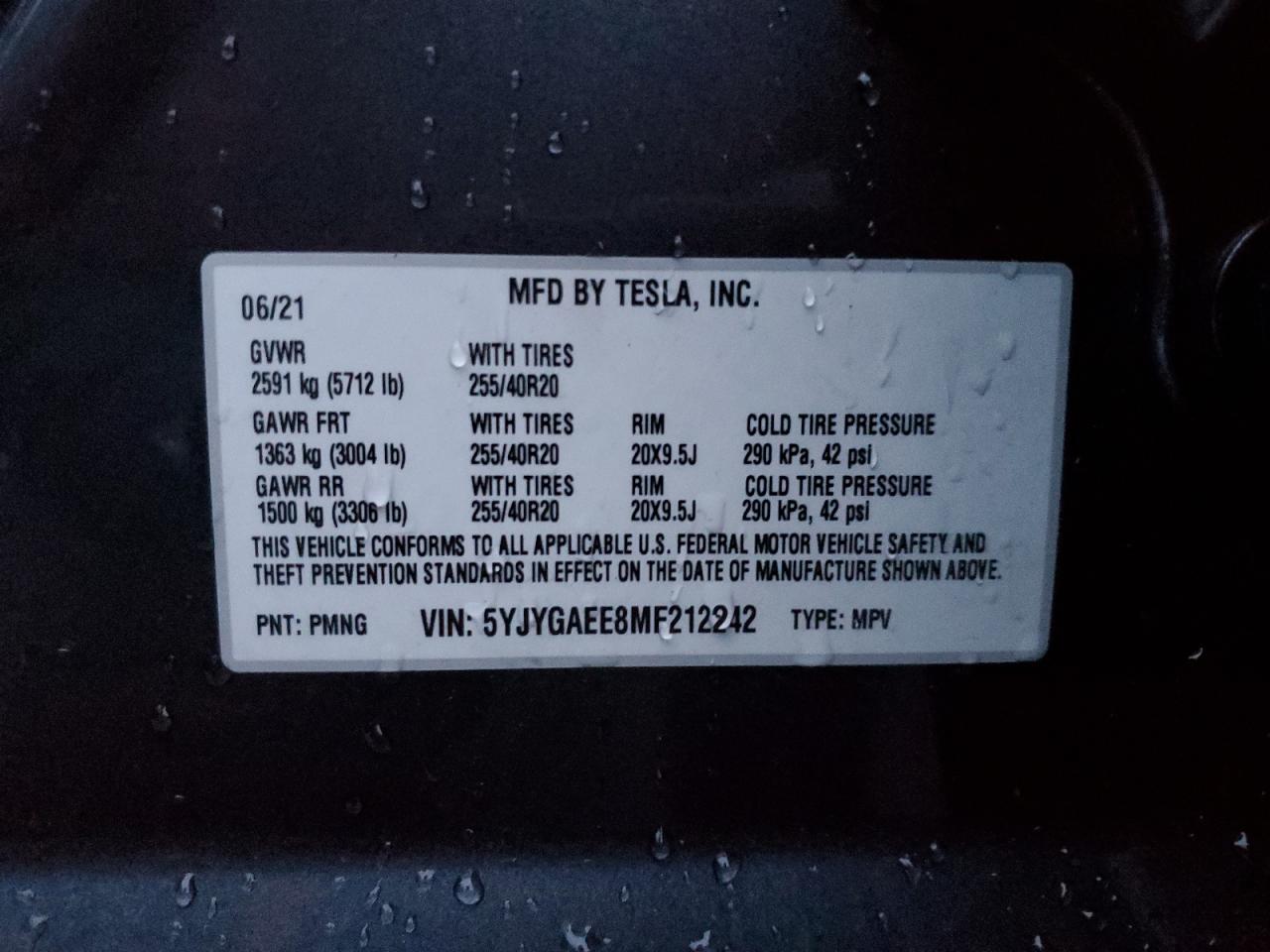 2021 Tesla Model Y VIN: 5YJYGAEE8MF212242 Lot: 85439664