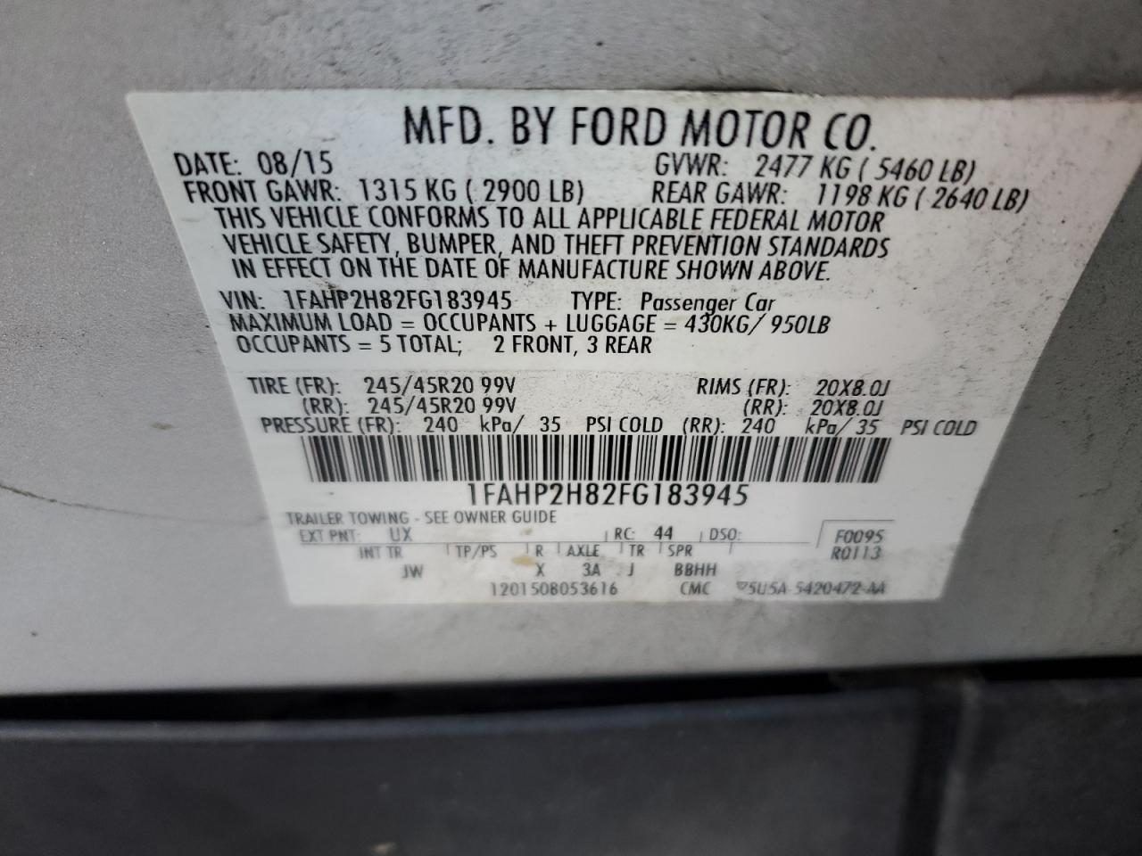 2015 Ford Taurus Sel VIN: 1FAHP2H82FG183945 Lot: 86819074