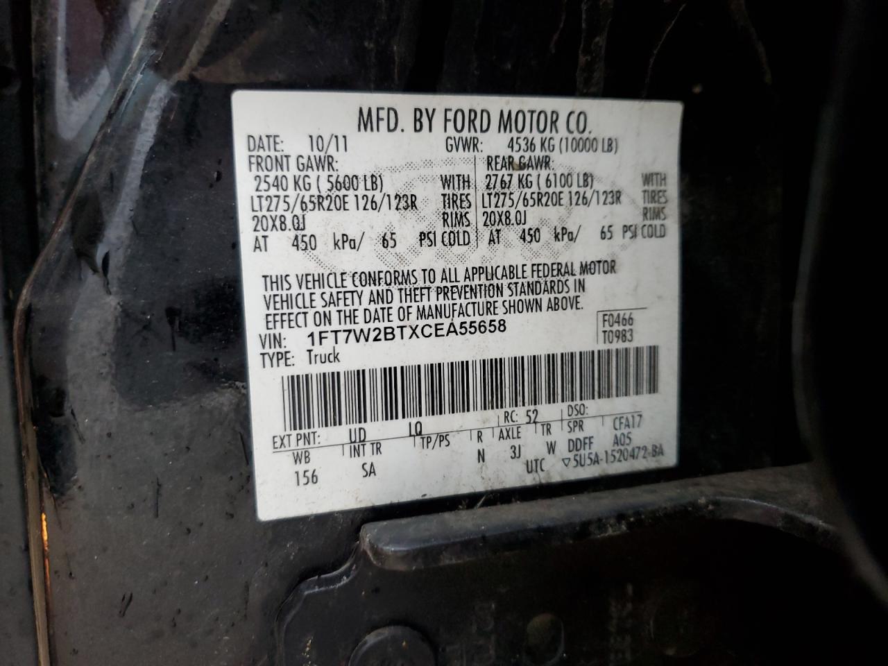 2012 Ford F250 Super Duty VIN: 1FT7W2BTXCEA55658 Lot: 86739364