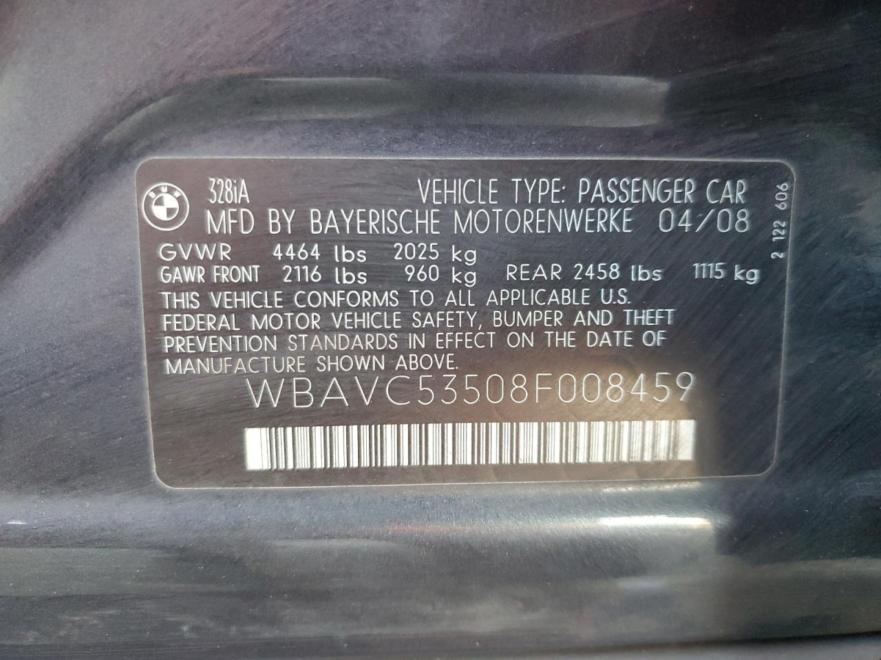 2008 BMW 328 I Sulev VIN: WBAVC53508F008459 Lot: 87126854