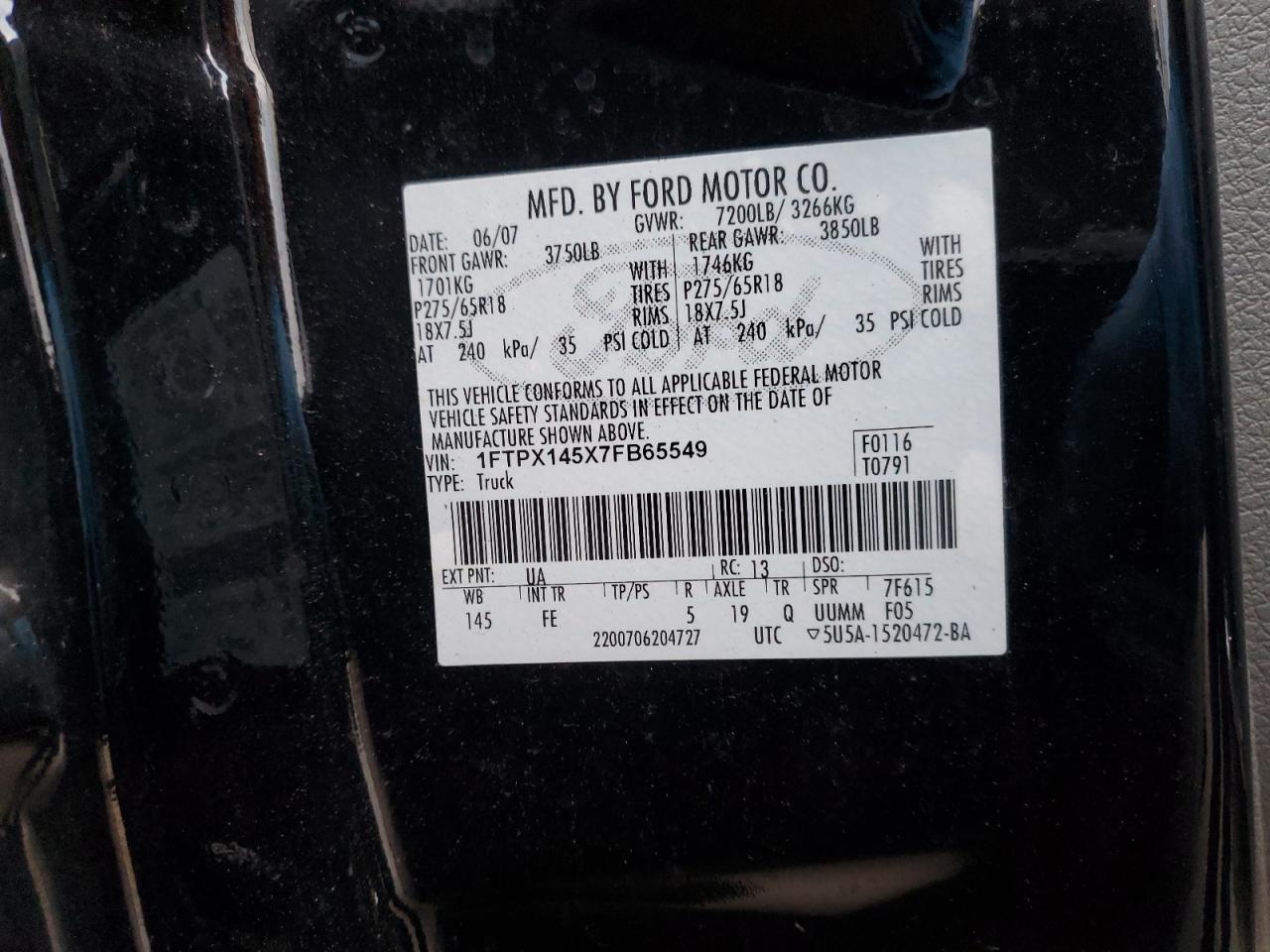 2007 Ford F150 VIN: 1FTPX145X7FB65549 Lot: 82845004