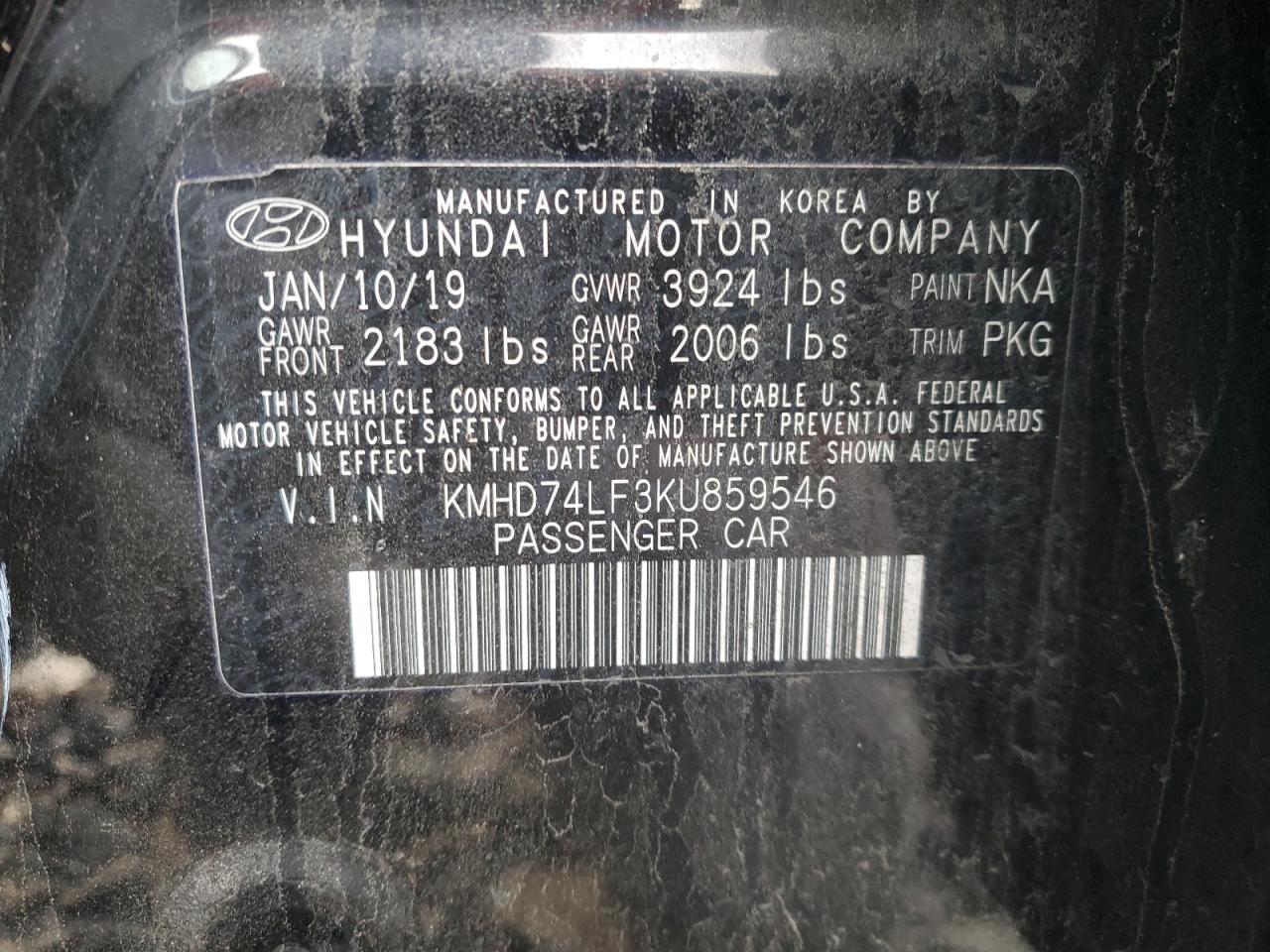 2019 Hyundai Elantra Se VIN: KMHD74LF3KU859546 Lot: 84897364