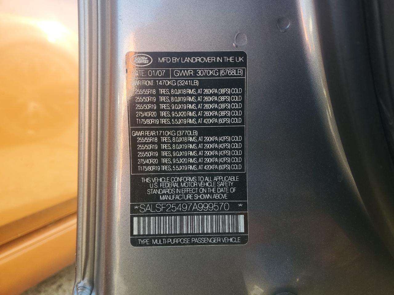 2007 Land Rover Range Rover Sport Hse VIN: SALSF25497A999570 Lot: 85485724