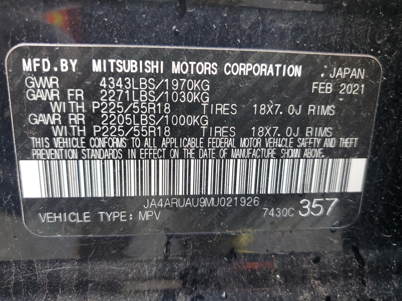 2021 Mitsubishi Outlander Sport Es VIN: JA4ARUAU9MU021926 Lot: 85767734