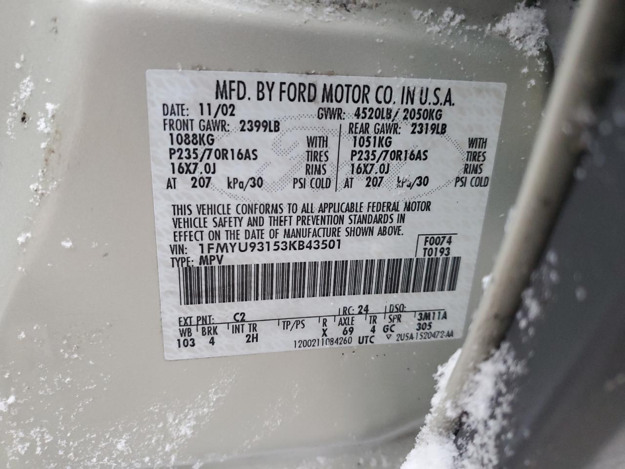 2003 Ford Escape Xlt VIN: 1FMYU93153KB43501 Lot: 47406155