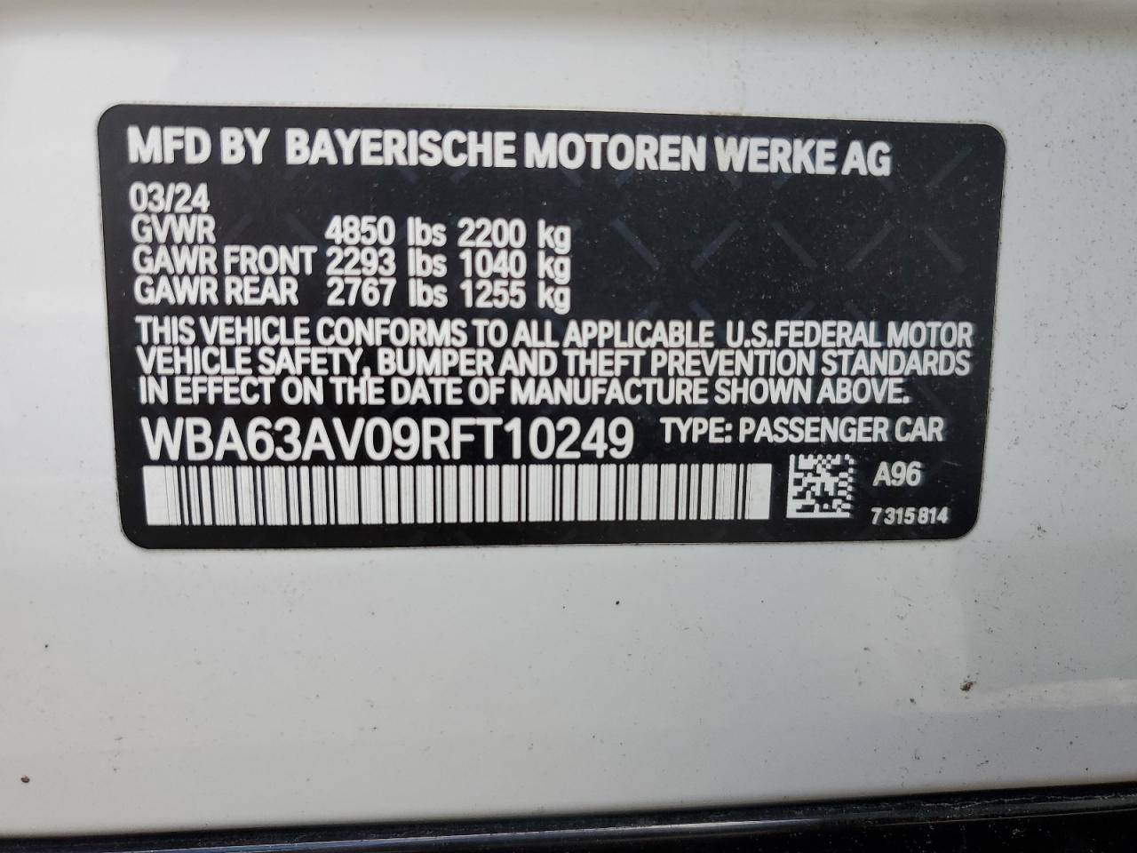 VIN WBA63AV09RFT10249 2024 BMW 4 SERIES no.12