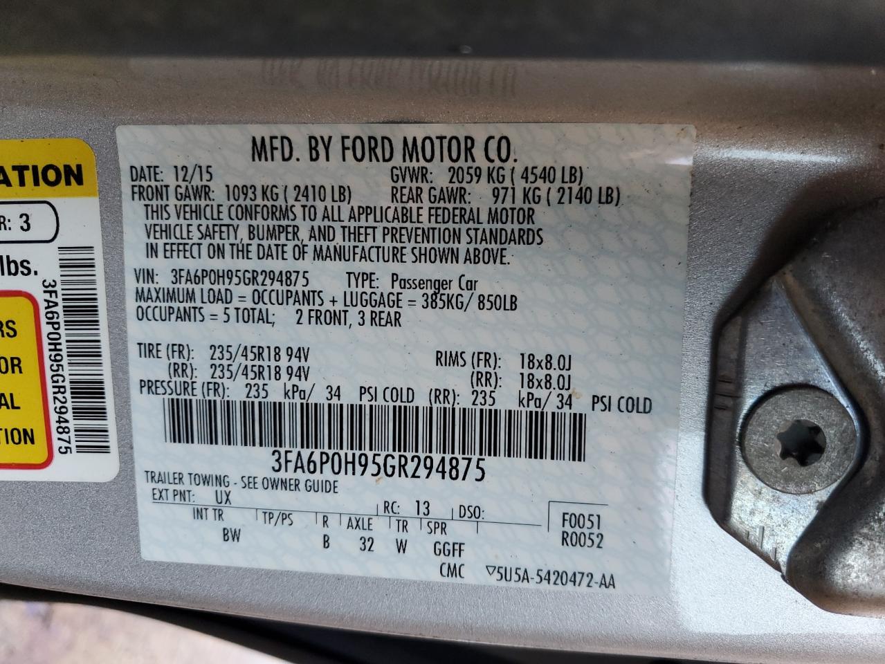 2016 Ford Fusion Se VIN: 3FA6P0H95GR294875 Lot: 86442344