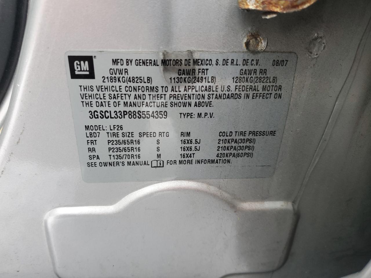 2008 Saturn Vue Xe VIN: 3GSCL33P88S554359 Lot: 85737344