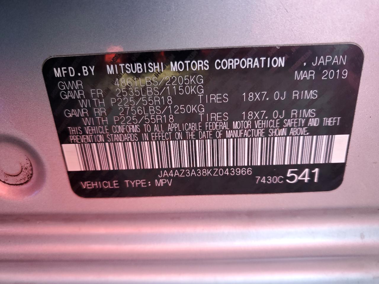 2019 Mitsubishi Outlander Se VIN: JA4AZ3A38KZ043966 Lot: 85740974