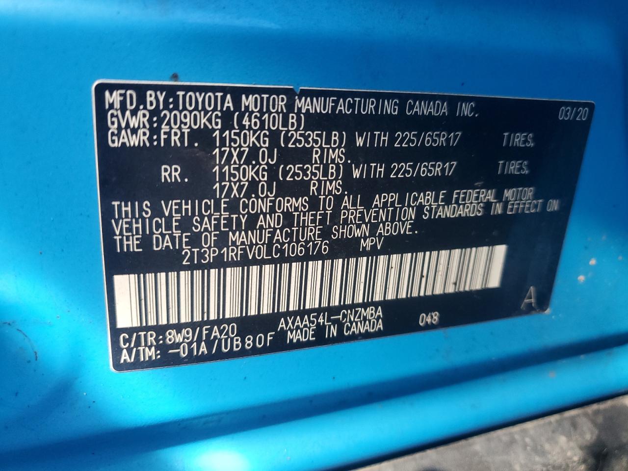 2020 Toyota Rav4 Xle VIN: 2T3P1RFV0LC106176 Lot: 86784174