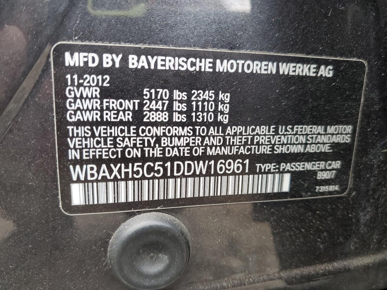 VIN WBAXH5C51DDW16961 2013 BMW 5 SERIES no.12