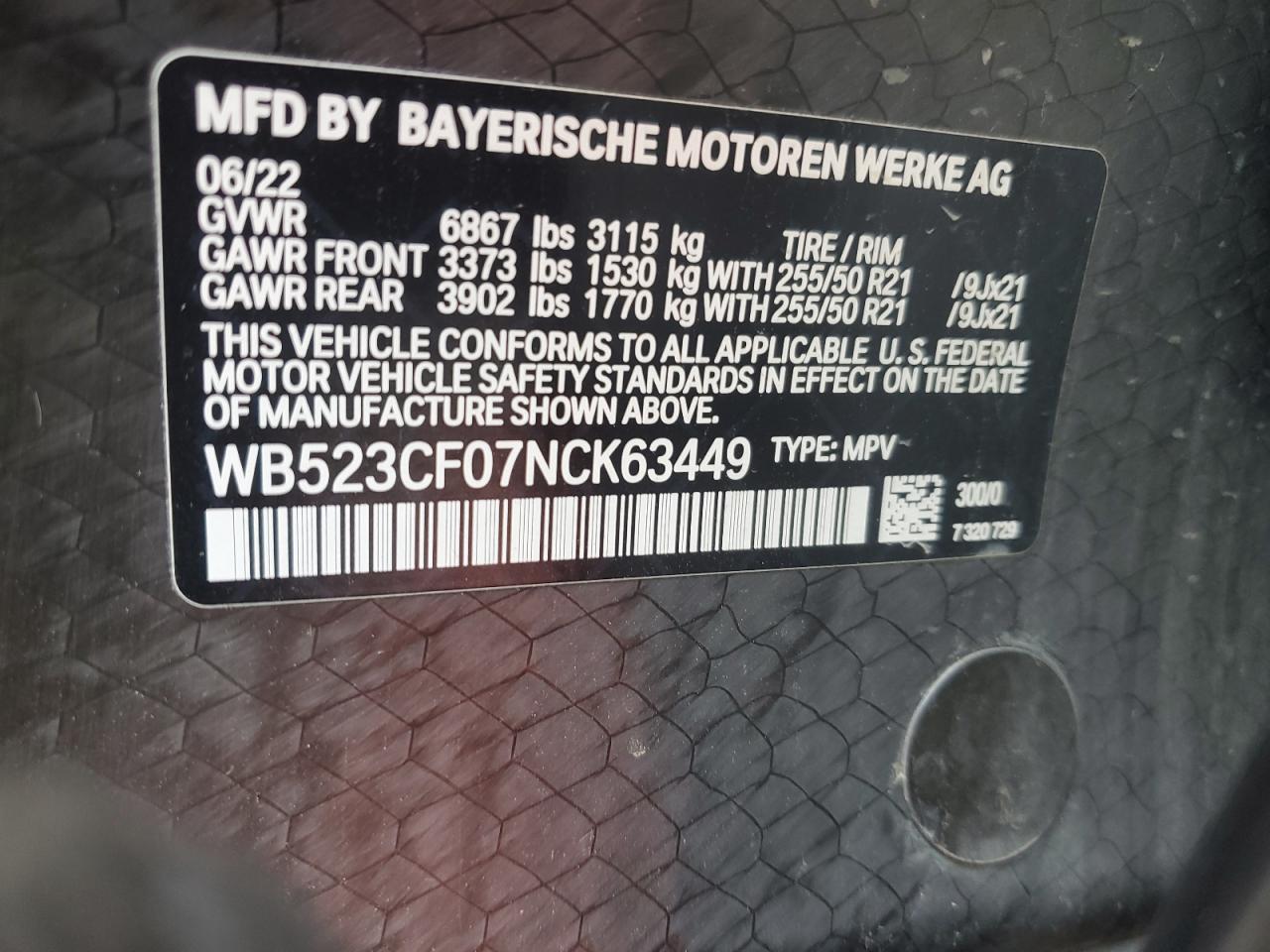 2022 BMW Ix xDrive50 VIN: WB523CF07NCK63449 Lot: 82612884
