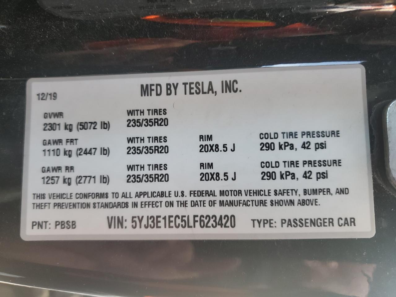 2020 Tesla Model 3 VIN: 5YJ3E1EC5LF623420 Lot: 84261004