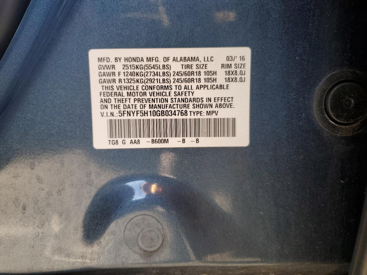 2016 Honda Pilot Lx VIN: 5FNYF5H10GB034768 Lot: 82934174