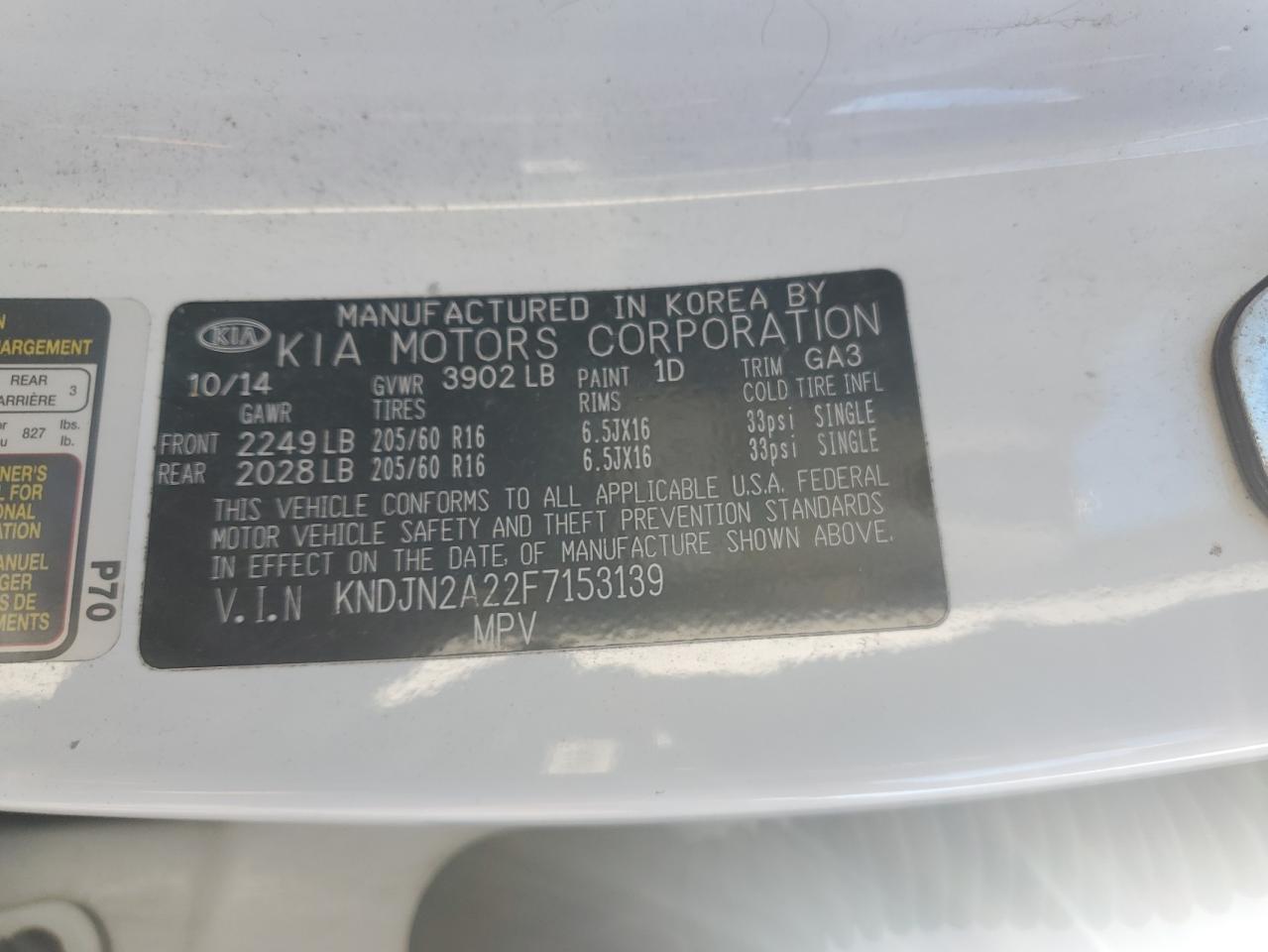 VIN KNDJN2A22F7153139 2015 KIA SOUL no.12