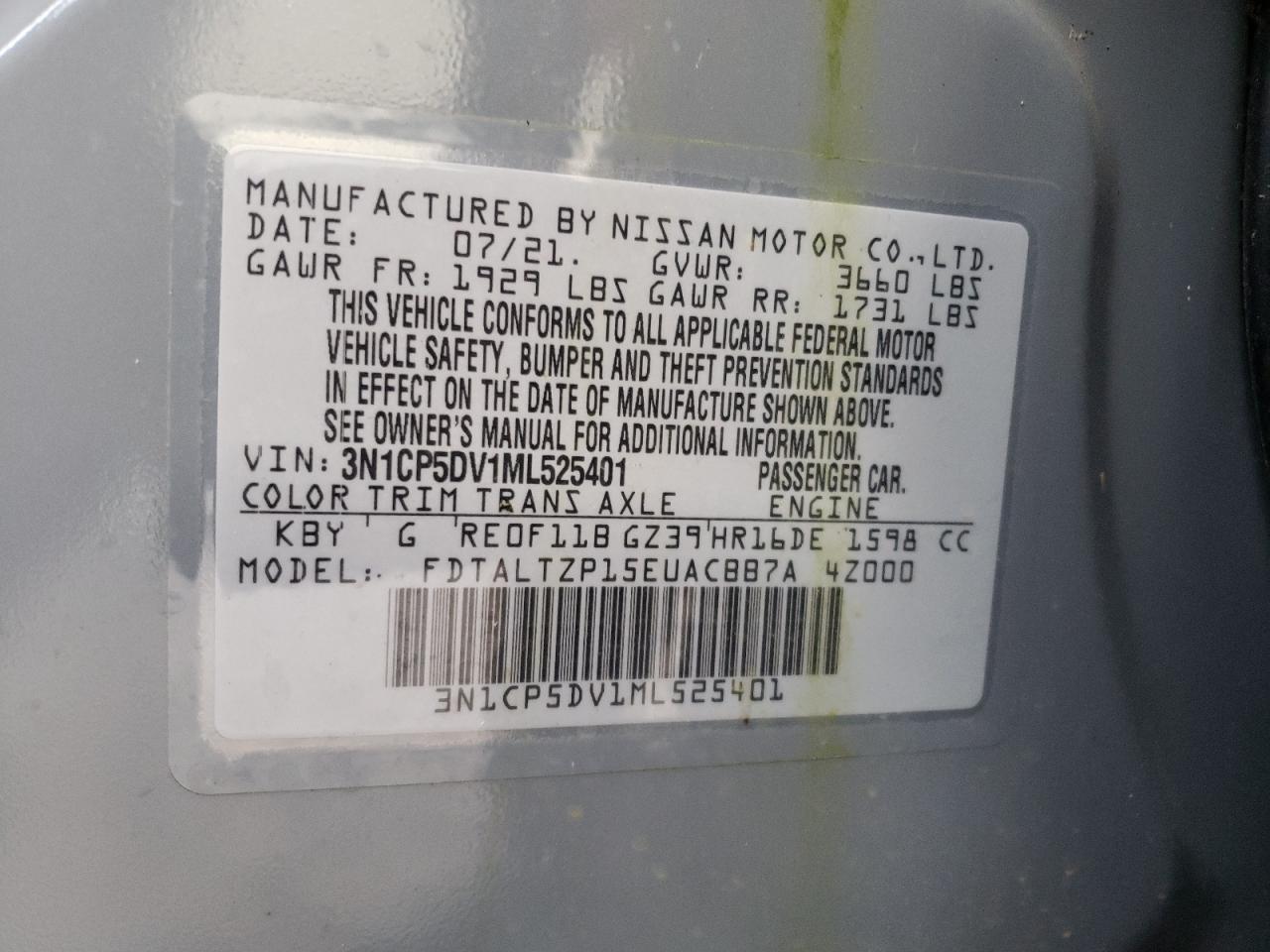 2021 Nissan Kicks Sr VIN: 3N1CP5DV1ML525401 Lot: 83793584