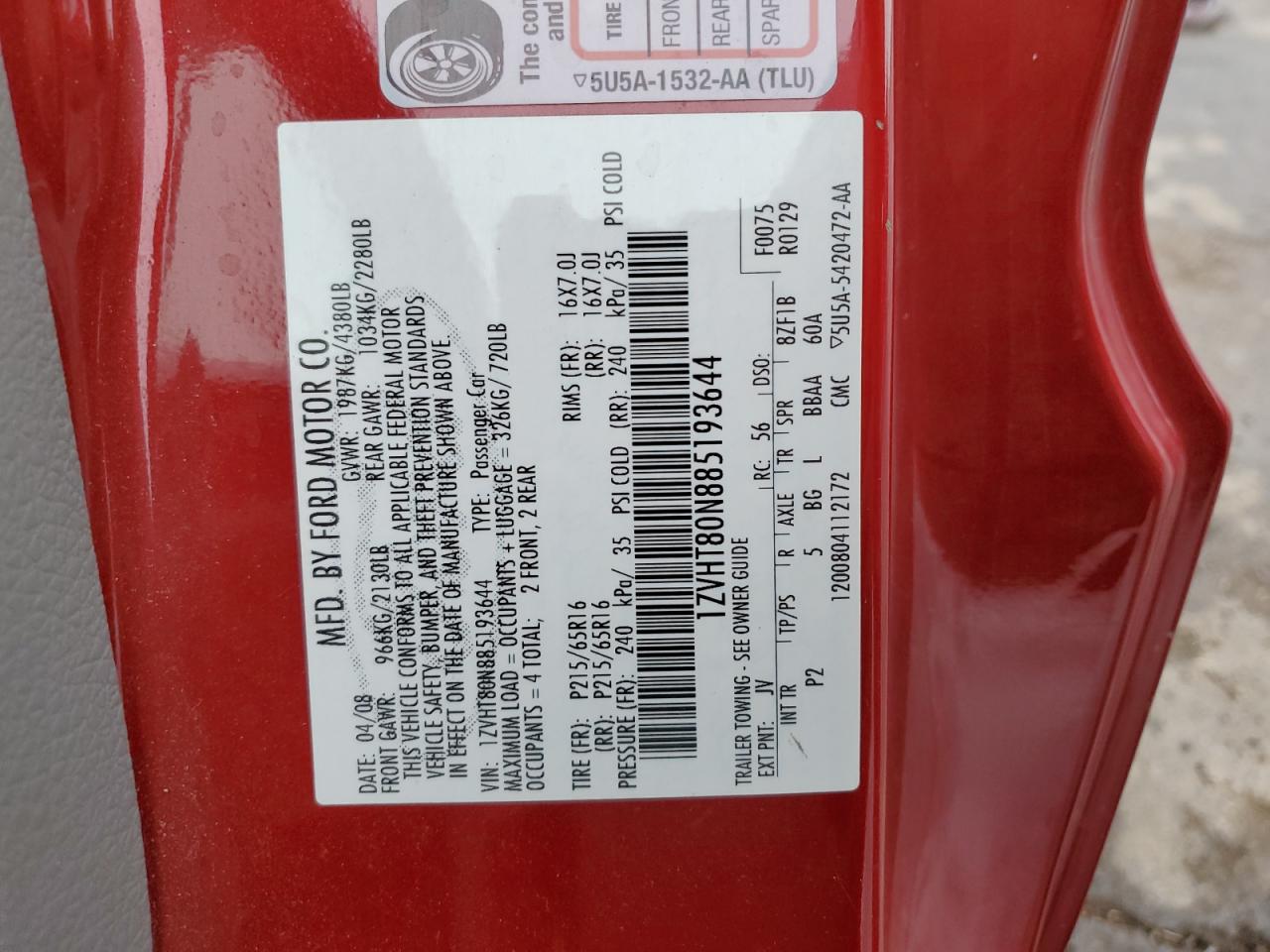 2008 Ford Mustang VIN: 1ZVHT80N885193644 Lot: 86597784