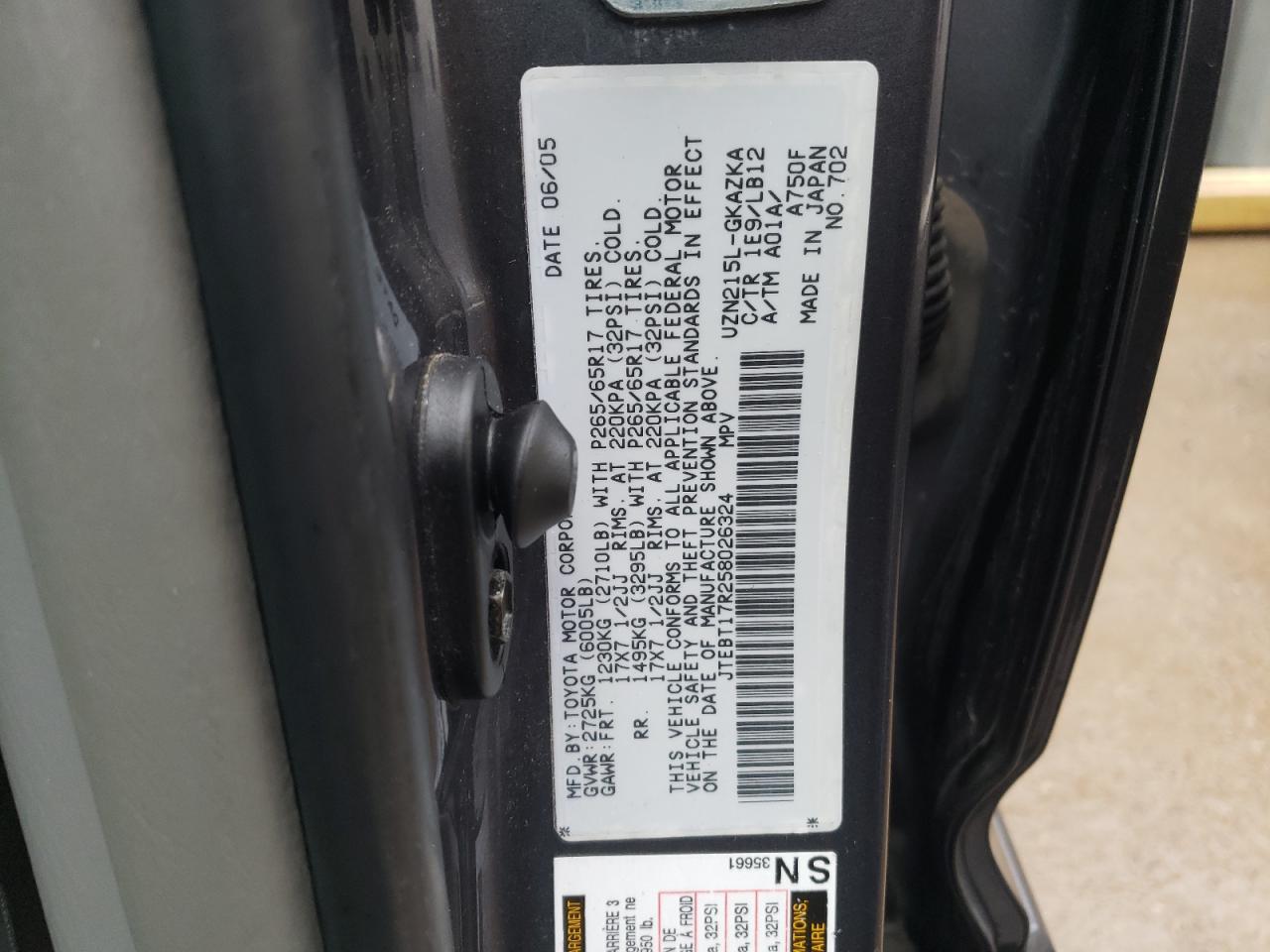 2005 Toyota 4Runner Limited VIN: JTEBT17R258026324 Lot: 85365954