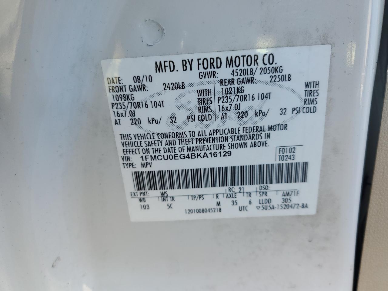 2011 Ford Escape Limited VIN: 1FMCU0EG4BKA16129 Lot: 84325224