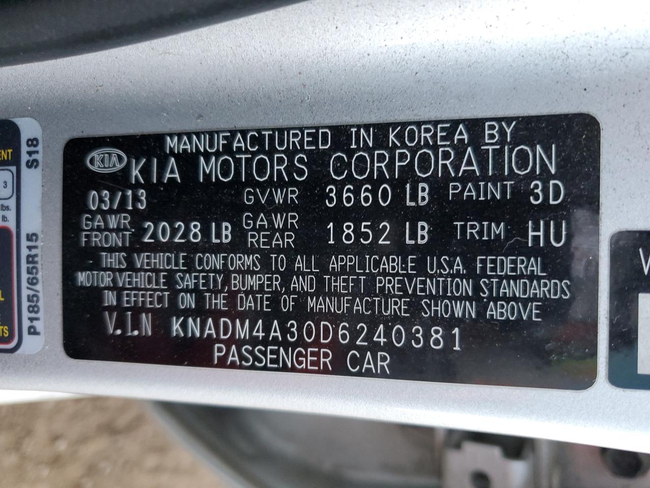 2013 Kia Rio Lx VIN: KNADM4A30D6240381 Lot: 83581594