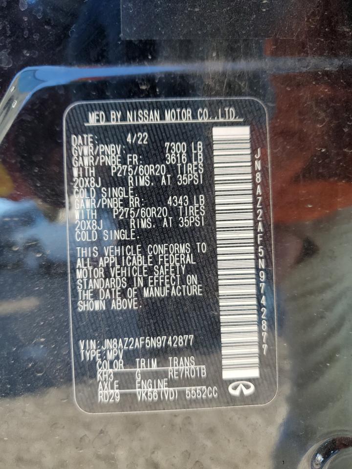 2022 Infiniti Qx80 Luxe VIN: JN8AZ2AF5N9742877 Lot: 86051014