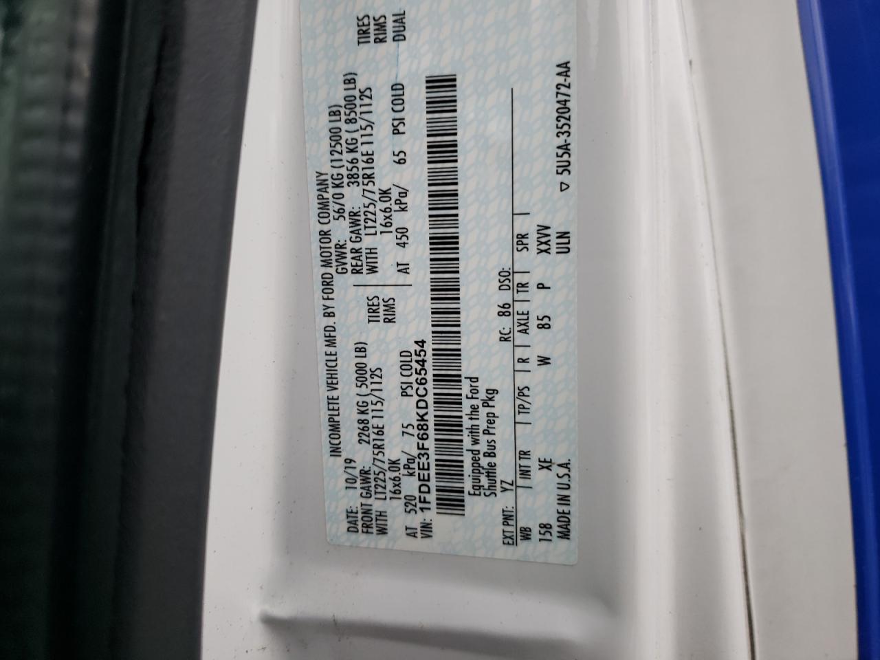 2020 Ford Econoline E350 Super Duty Cutaway Van VIN: 1FDEE3F68KDC65454 Lot: 83767404