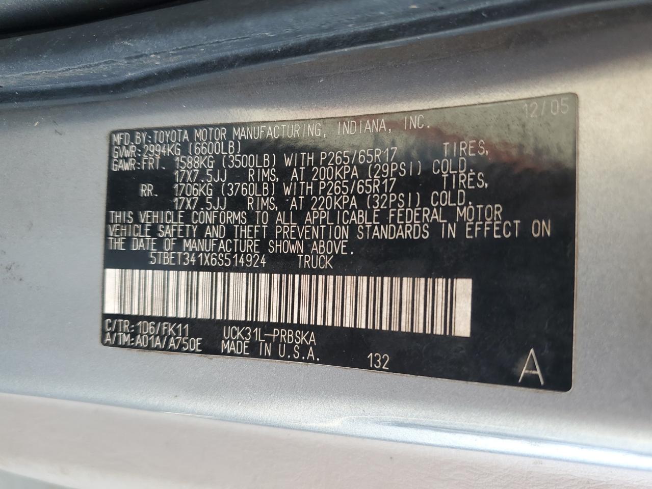 2006 Toyota Tundra Double Cab Sr5 VIN: 5TBET341X6S514924 Lot: 86928134