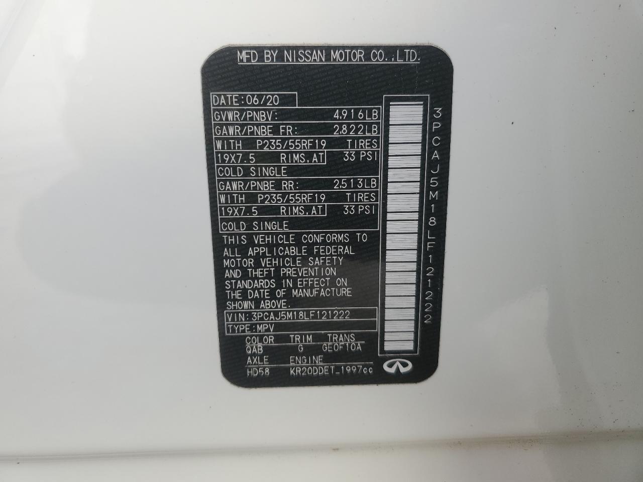 2020 Infiniti Qx50 Pure VIN: 3PCAJ5M18LF121222 Lot: 86396824