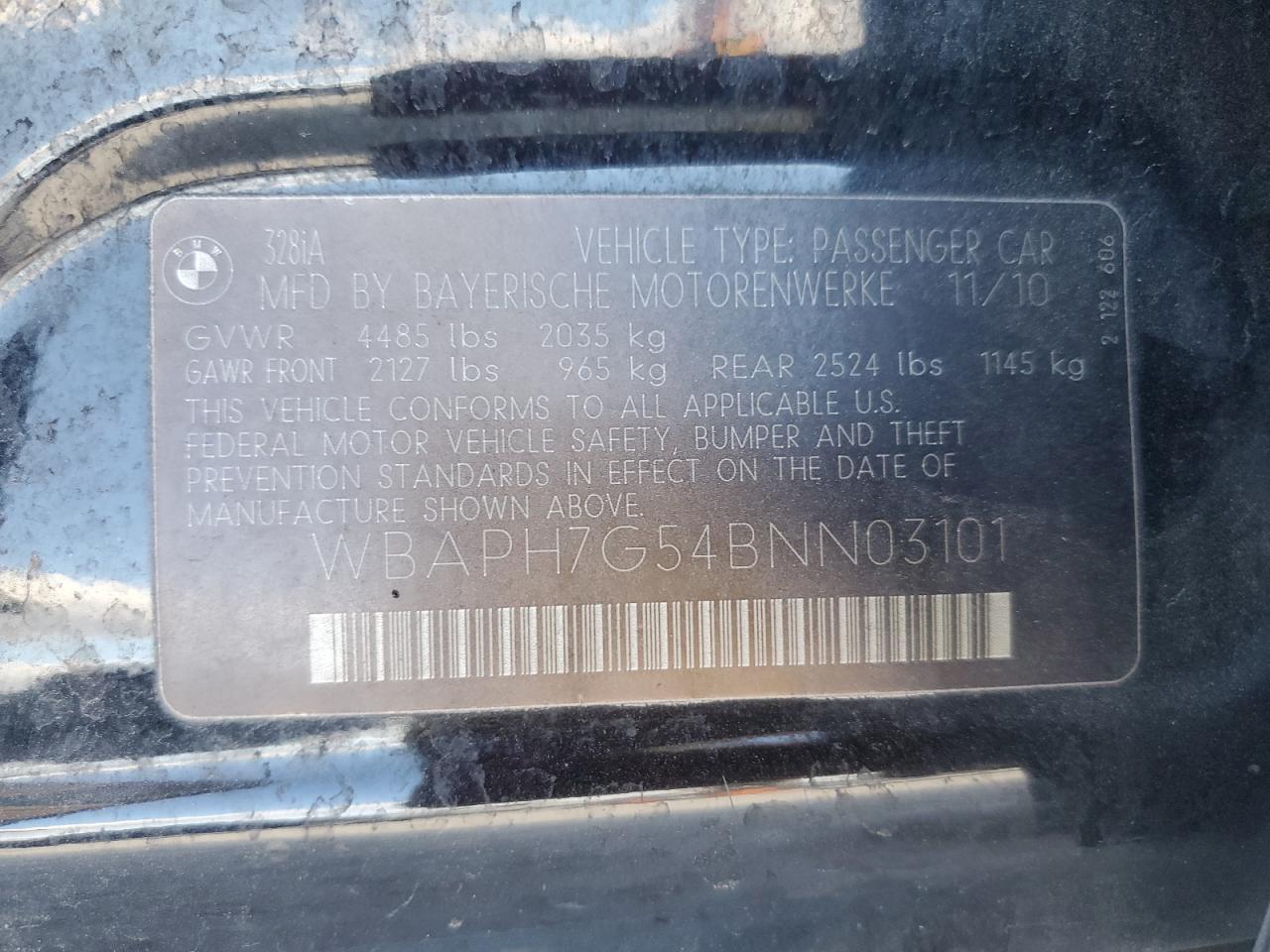 2011 BMW 328 I VIN: WBAPH7G54BNN03101 Lot: 85109034