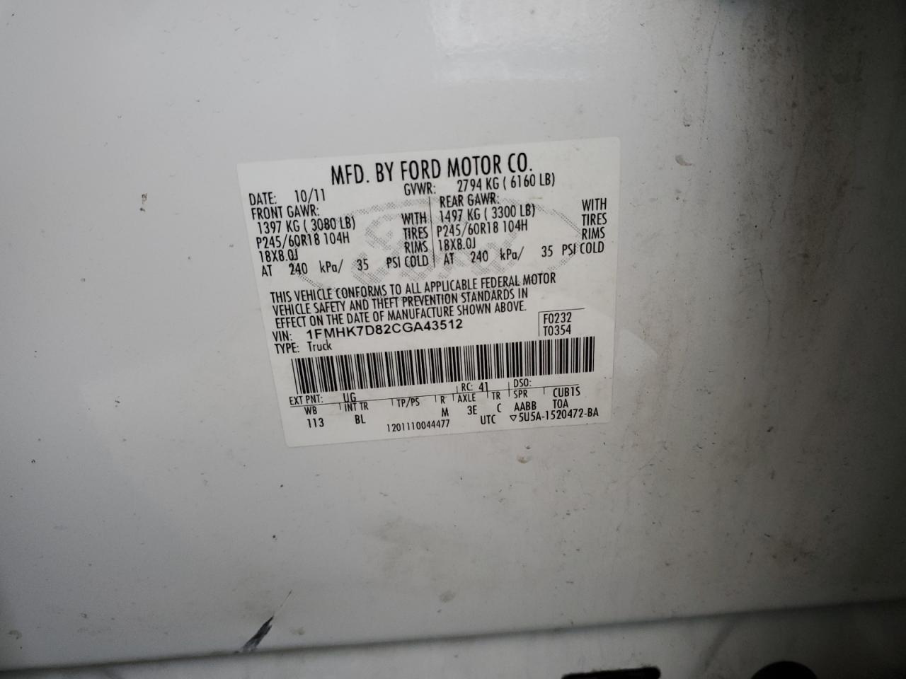 2012 Ford Explorer Xlt VIN: 1FMHK7D82CGA43512 Lot: 86176094