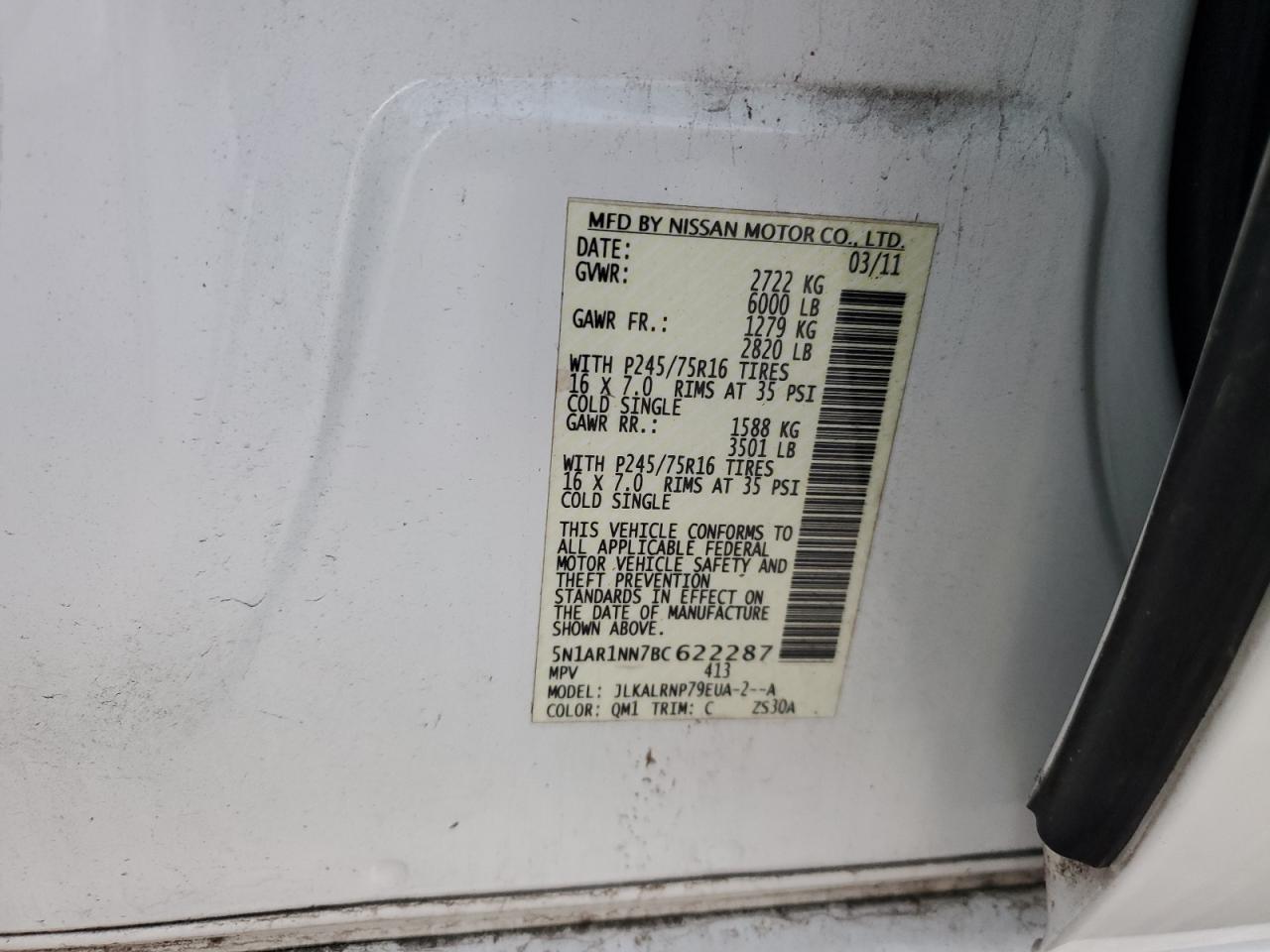 2011 Nissan Pathfinder S VIN: 5N1AR1NN7BC622287 Lot: 86058314