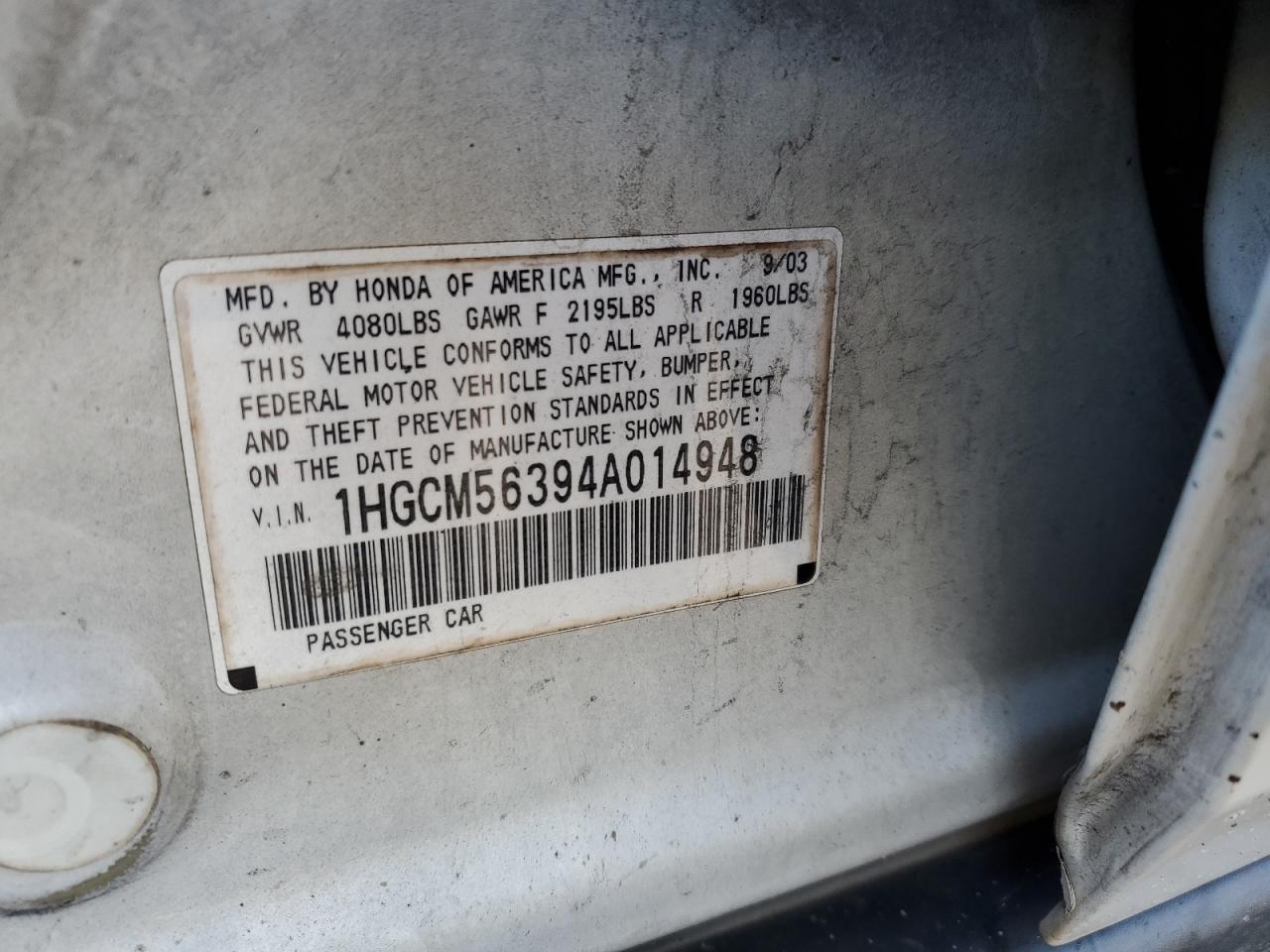 2004 Honda Accord Lx VIN: 1HGCM56394A014948 Lot: 84405424