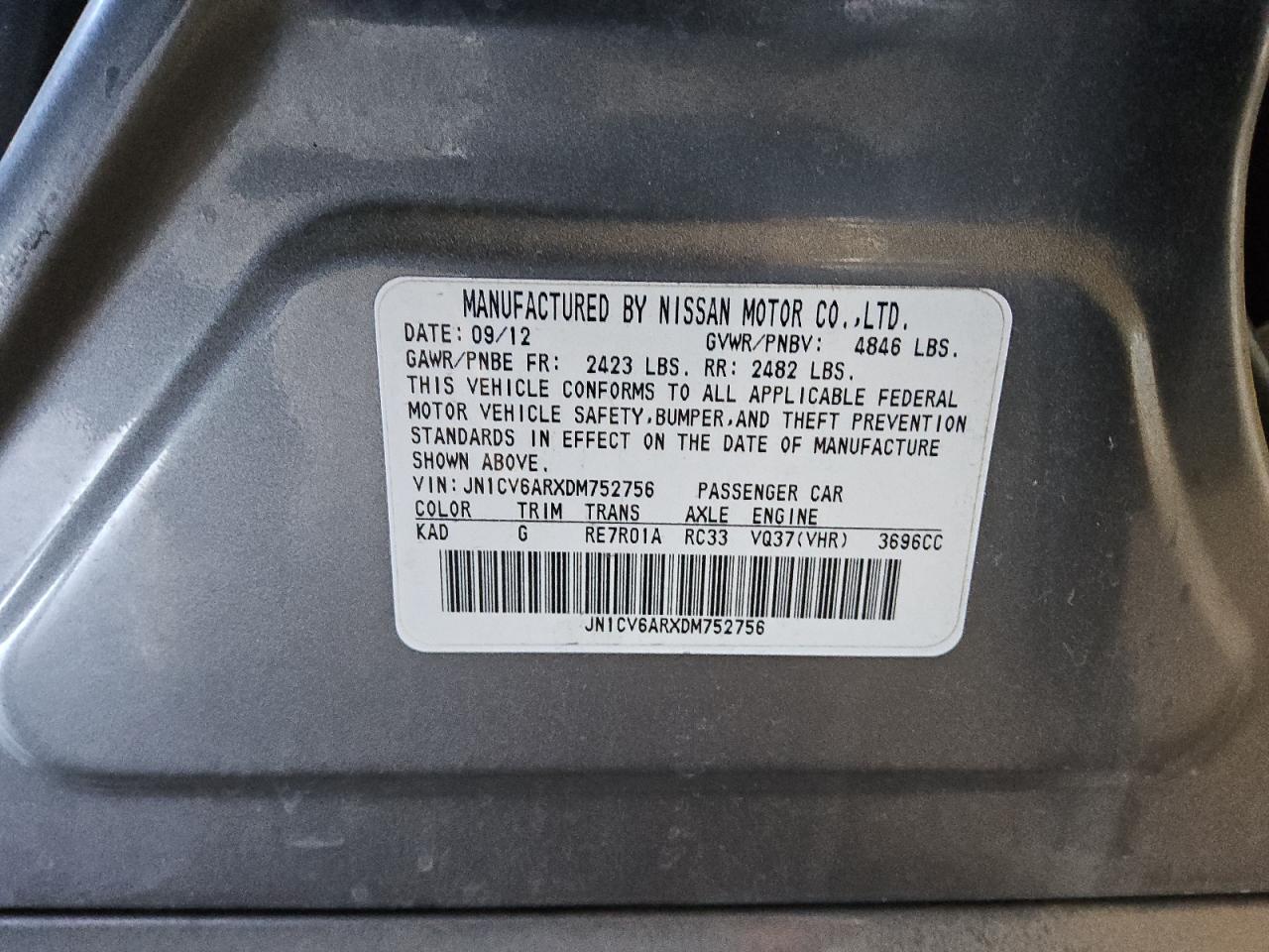 2013 Infiniti G37 VIN: JN1CV6ARXDM752756 Lot: 82922444