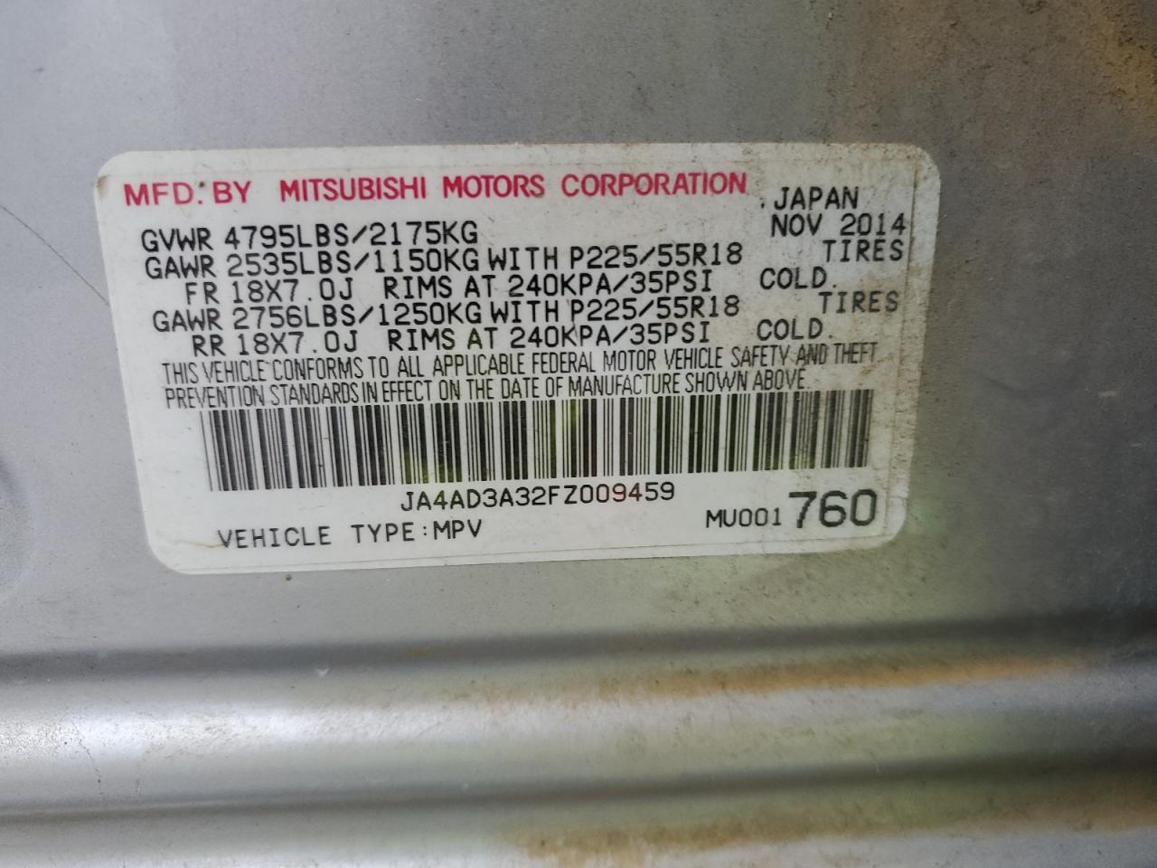 VIN JA4AD3A32FZ009459 2015 MITSUBISHI OUTLANDER no.14