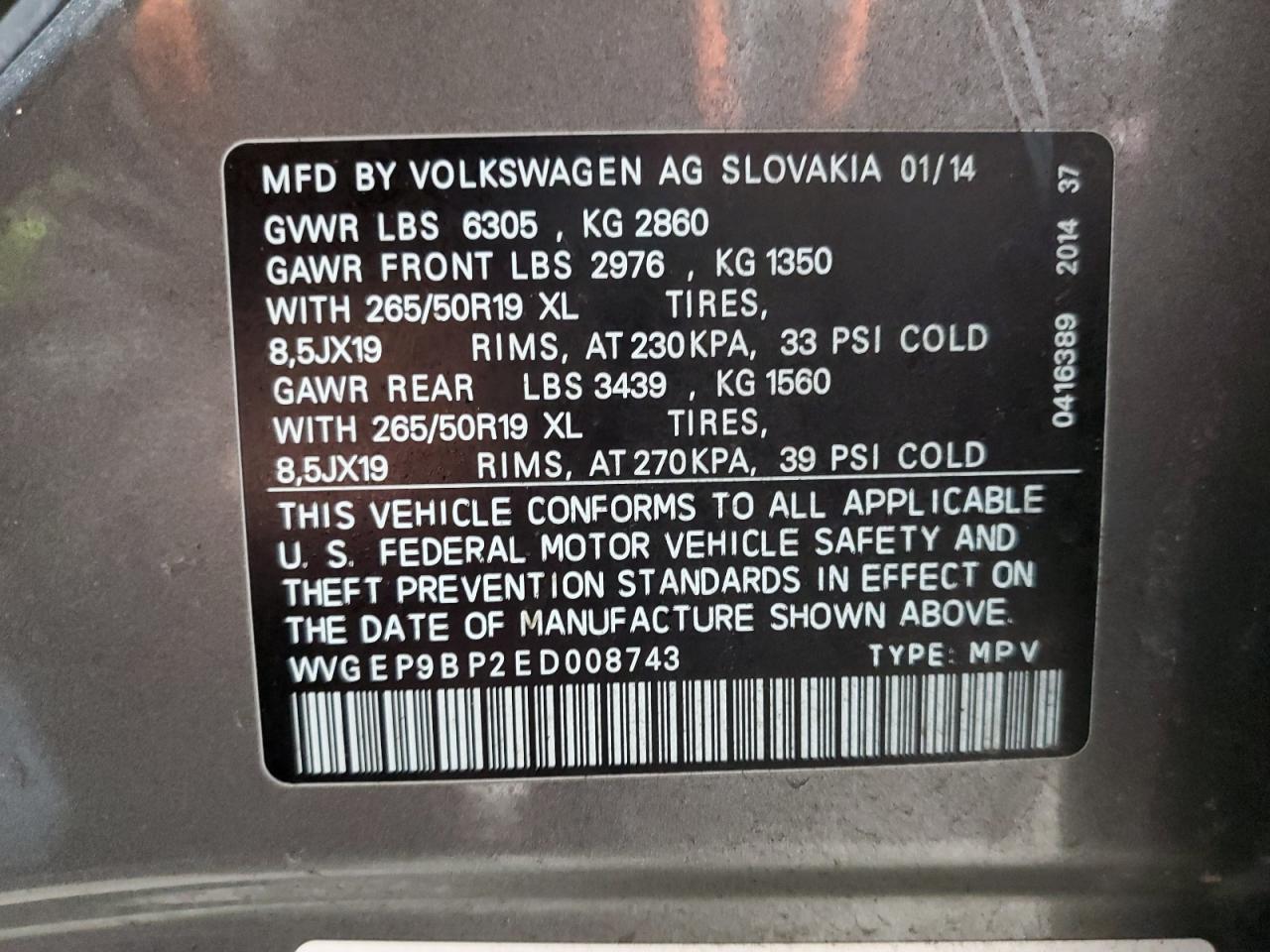 VIN WVGEP9BP2ED008743 2014 VOLKSWAGEN TOUAREG no.13