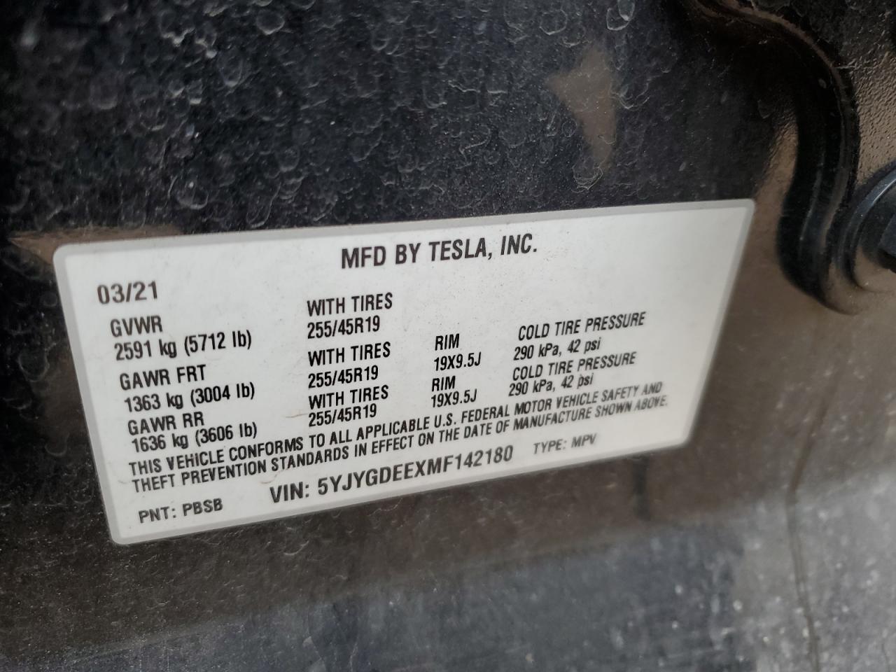 2021 Tesla Model Y VIN: 5YJYGDEEXMF142180 Lot: 85730874