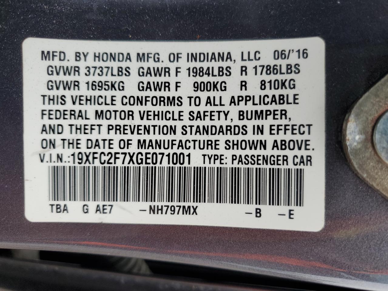 VIN 19XFC2F7XGE071001 2016 HONDA CIVIC no.12