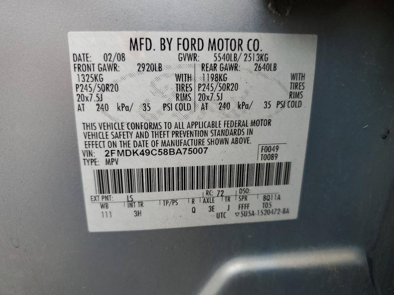 2008 Ford Edge Limited VIN: 2FMDK49C58BA75007 Lot: 84546954