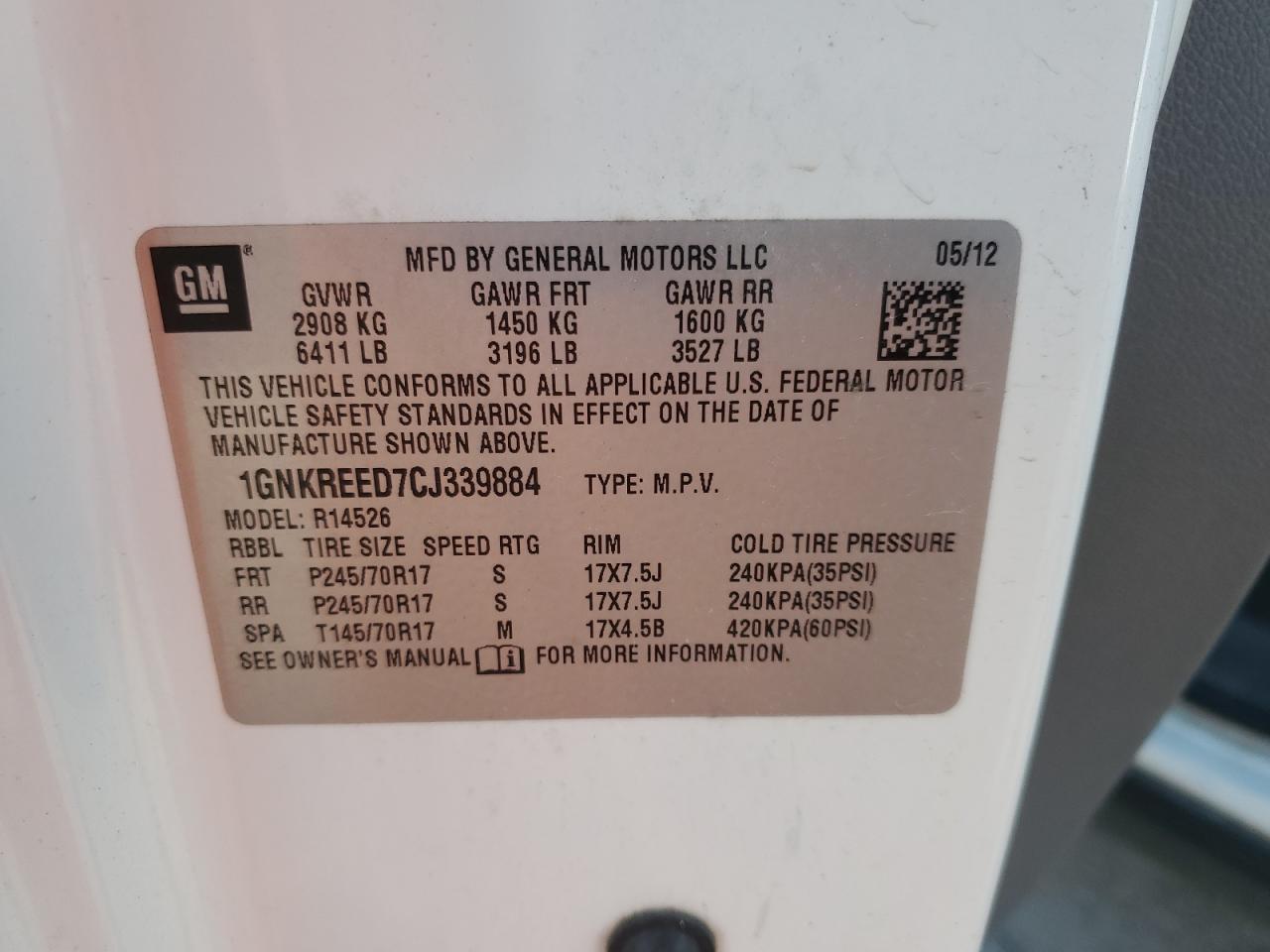 2012 Chevrolet Traverse Ls VIN: 1GNKREED7CJ339884 Lot: 85929094