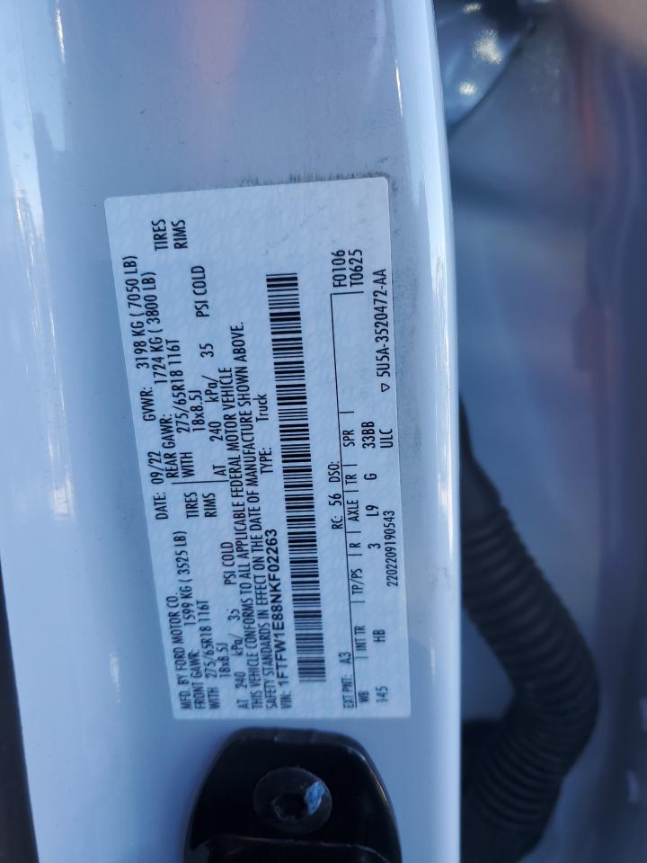 2022 Ford F150 Supercrew VIN: 1FTFW1E88NKF02263 Lot: 86740324