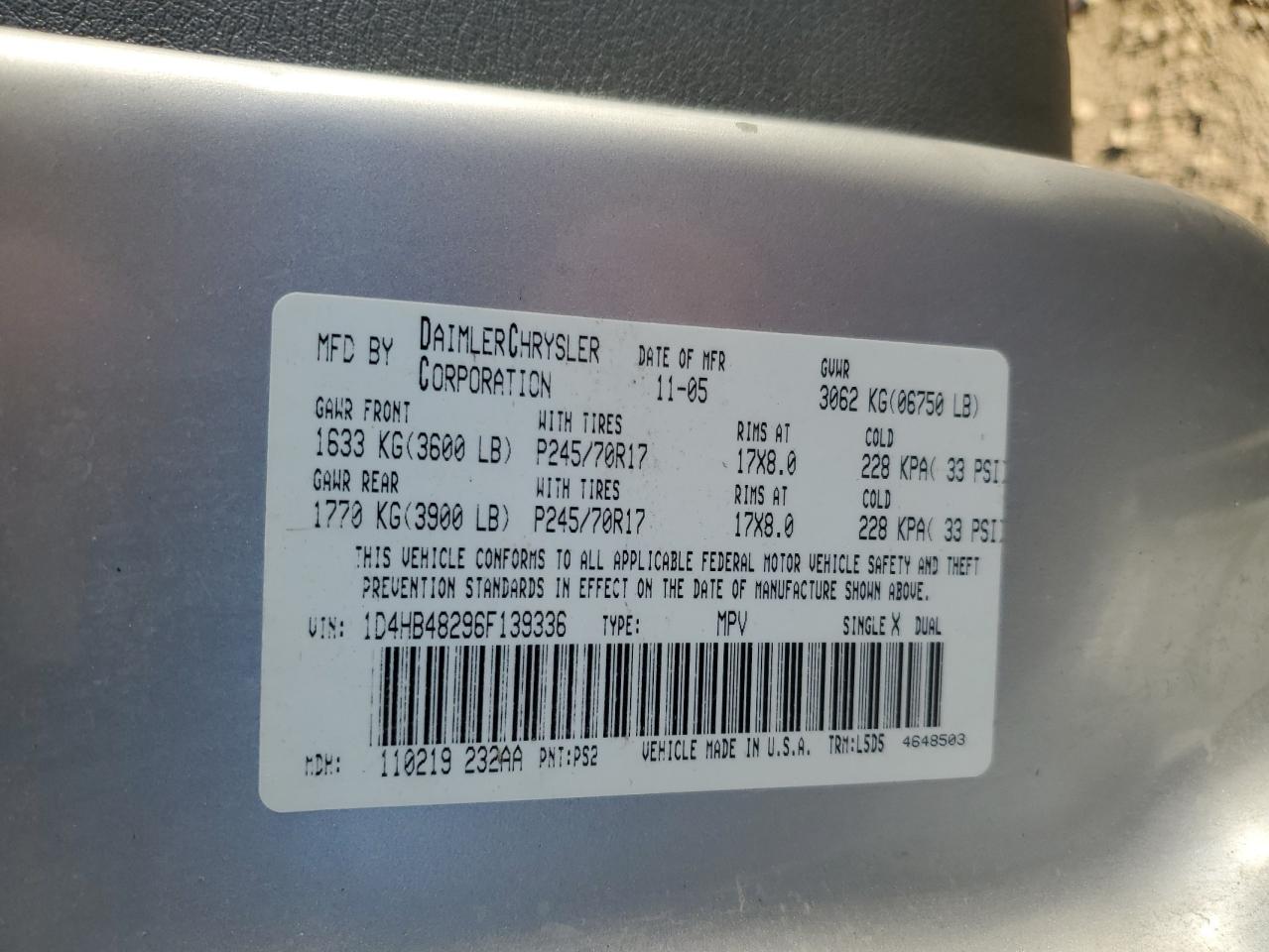 2006 Dodge Durango Slt VIN: 1D4HB48296F139336 Lot: 85742764