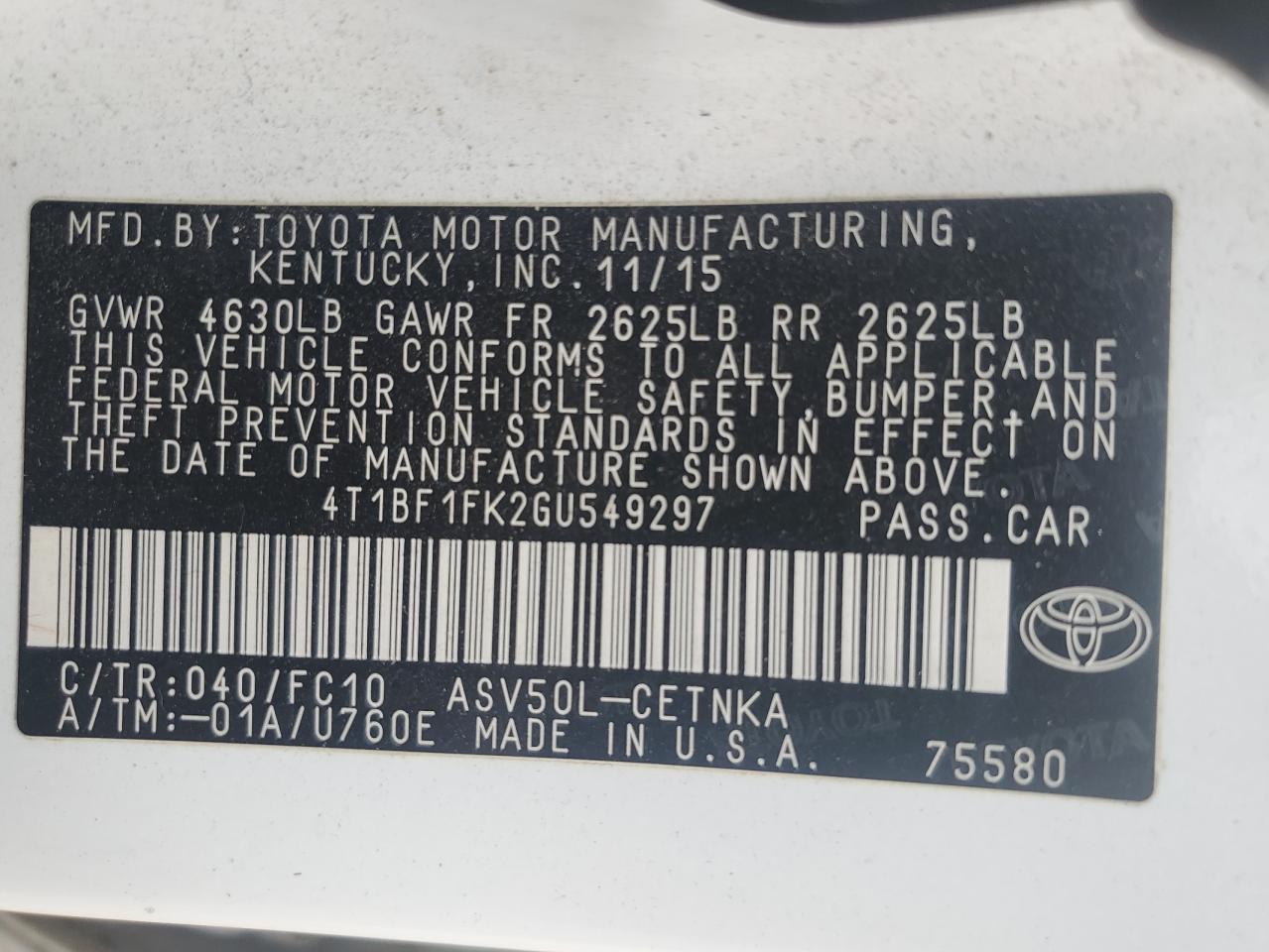 VIN 4T1BF1FK2GU549297 2016 TOYOTA CAMRY no.12