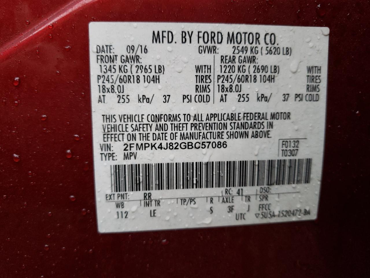 VIN 2FMPK4J82GBC57086 2016 FORD EDGE no.13