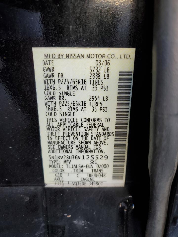 2006 Nissan Quest S VIN: 5N1BV28U36N125529 Lot: 82699134