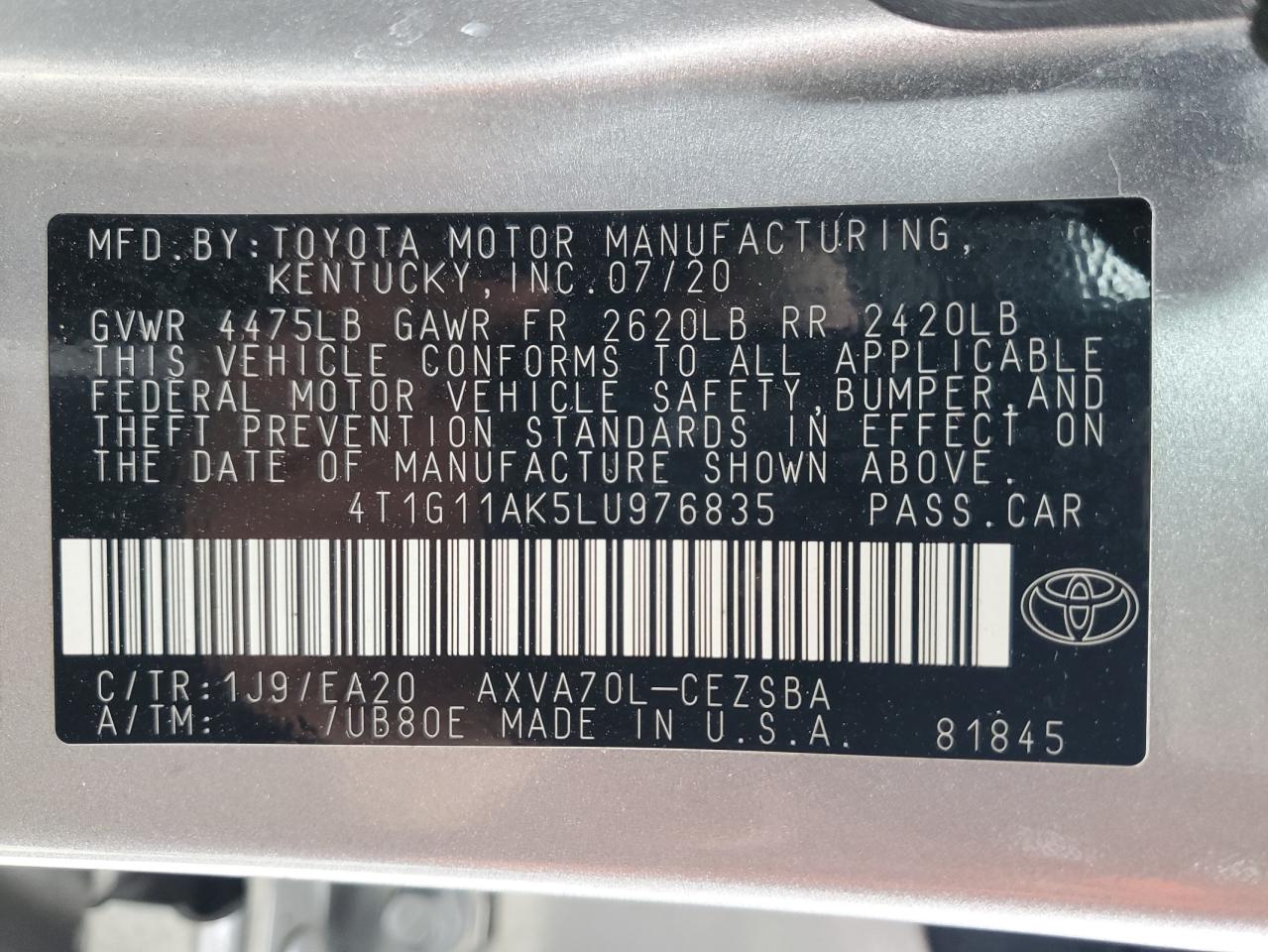 VIN 4T1G11AK5LU976835 2020 TOYOTA CAMRY no.13