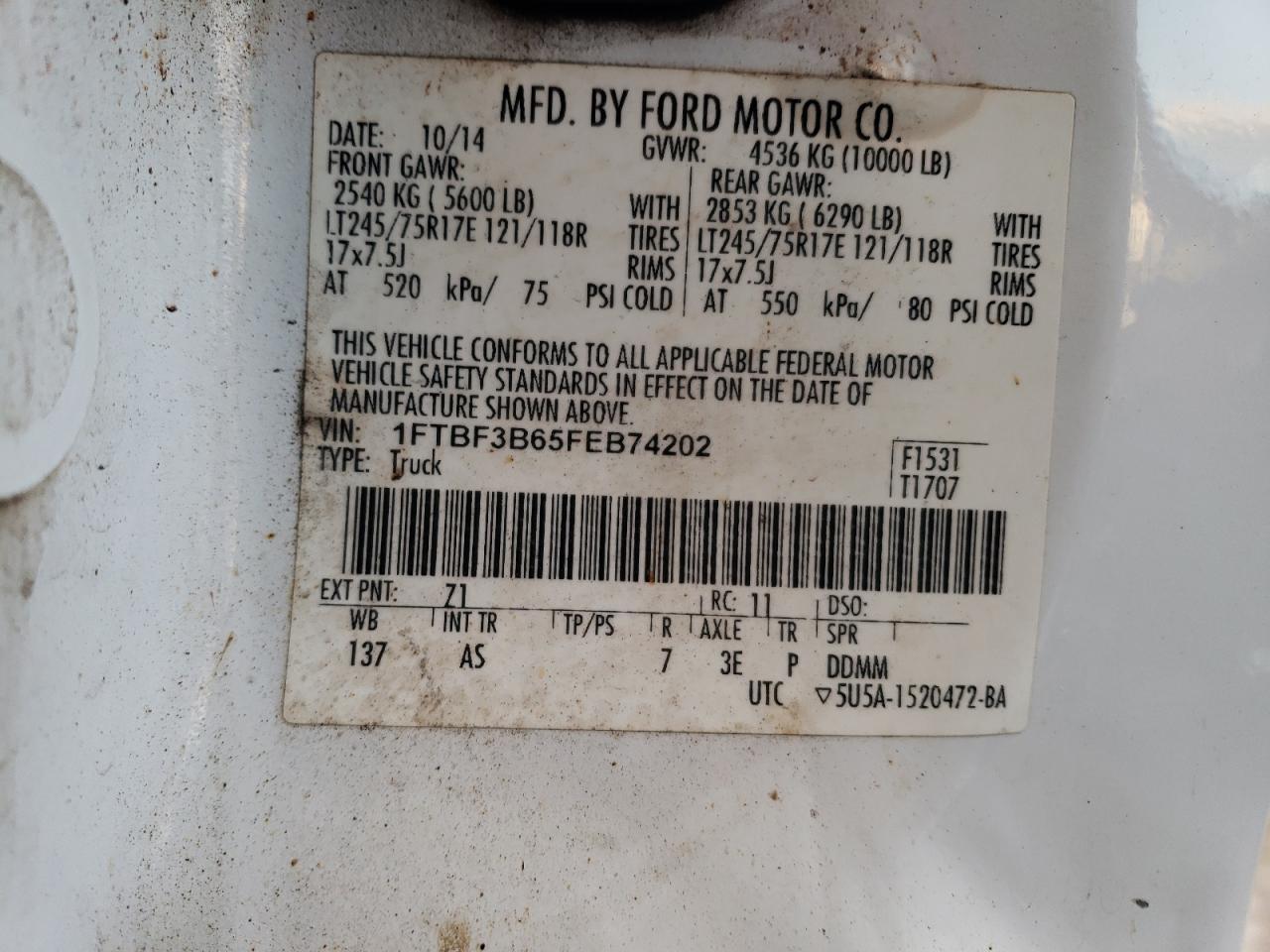 2015 Ford F350 Super Duty VIN: 1FTBF3B65FEB74202 Lot: 84150464